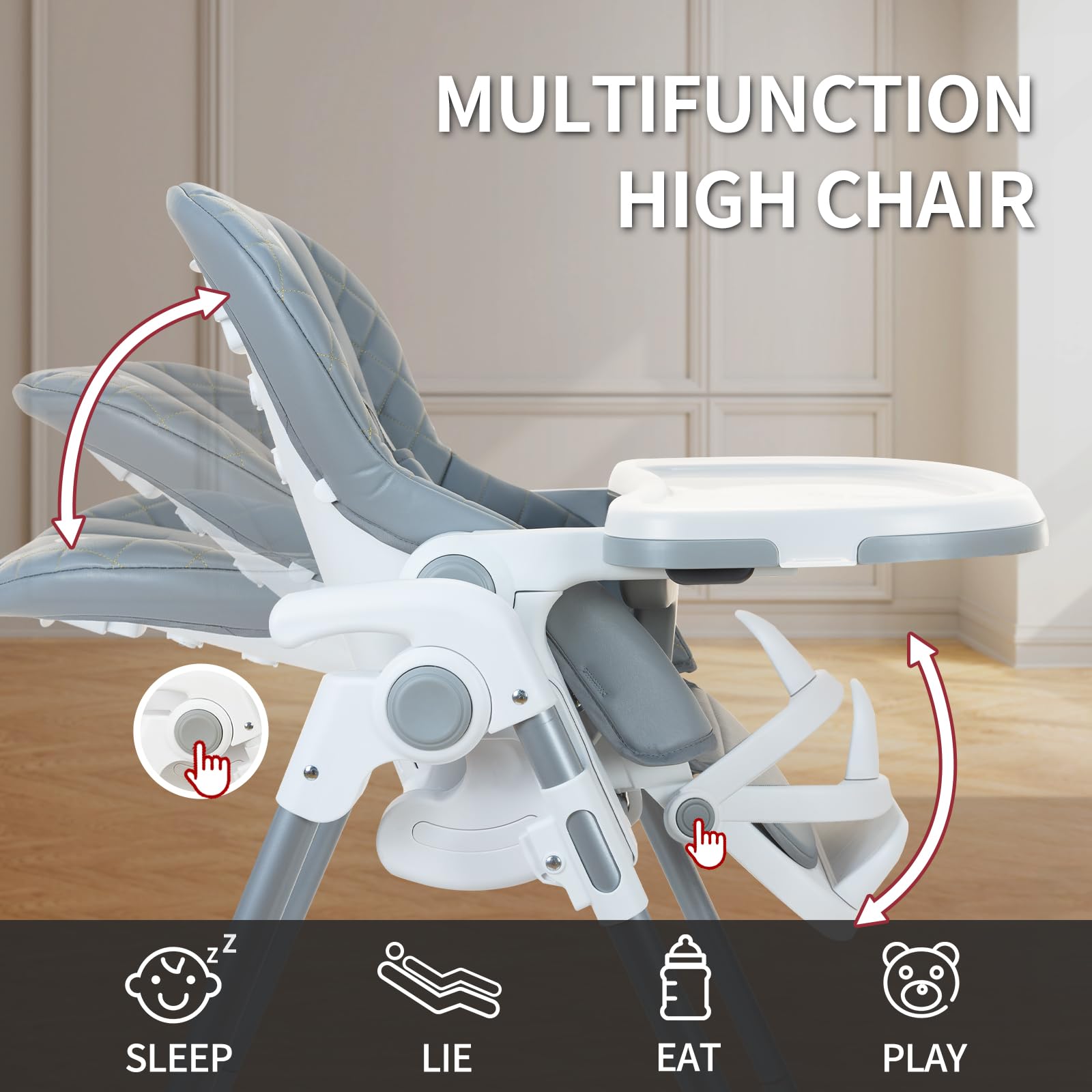 Adjustable & Foldable Baby High Chair for Toddlers - Portable Travel Feeding Chair with Removable PU Leather Seat & Easy-Clean Tray (Gray) - Perfect for Home, Restaurant & Outdoor Dining