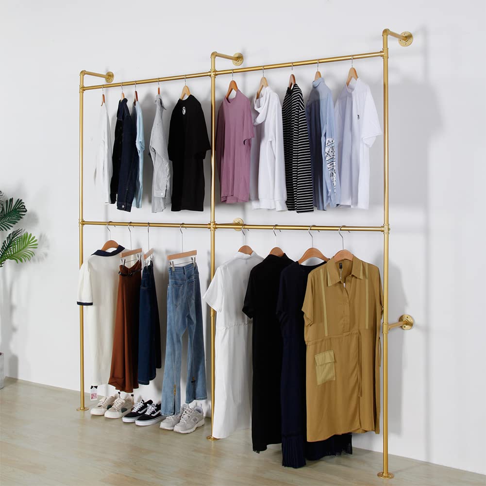 Heavy Duty Industrial Pipe Clothes Rack - 89.8 Inch Gold Metal Garment Rack for Clothing Store Display & Closet Storage - Wall Mounted Hanging Rod for Retail Shops, Boutiques, and Home Organization