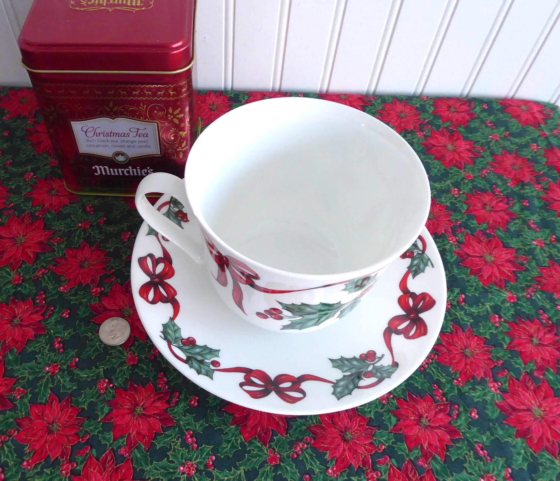 Roy Kirkham Holly Red Ribbons Bone China Christmas Breakfast Cup and Saucer Set - Perfect for Holiday Tea Parties, Festive Breakfasts & Christmas Decor