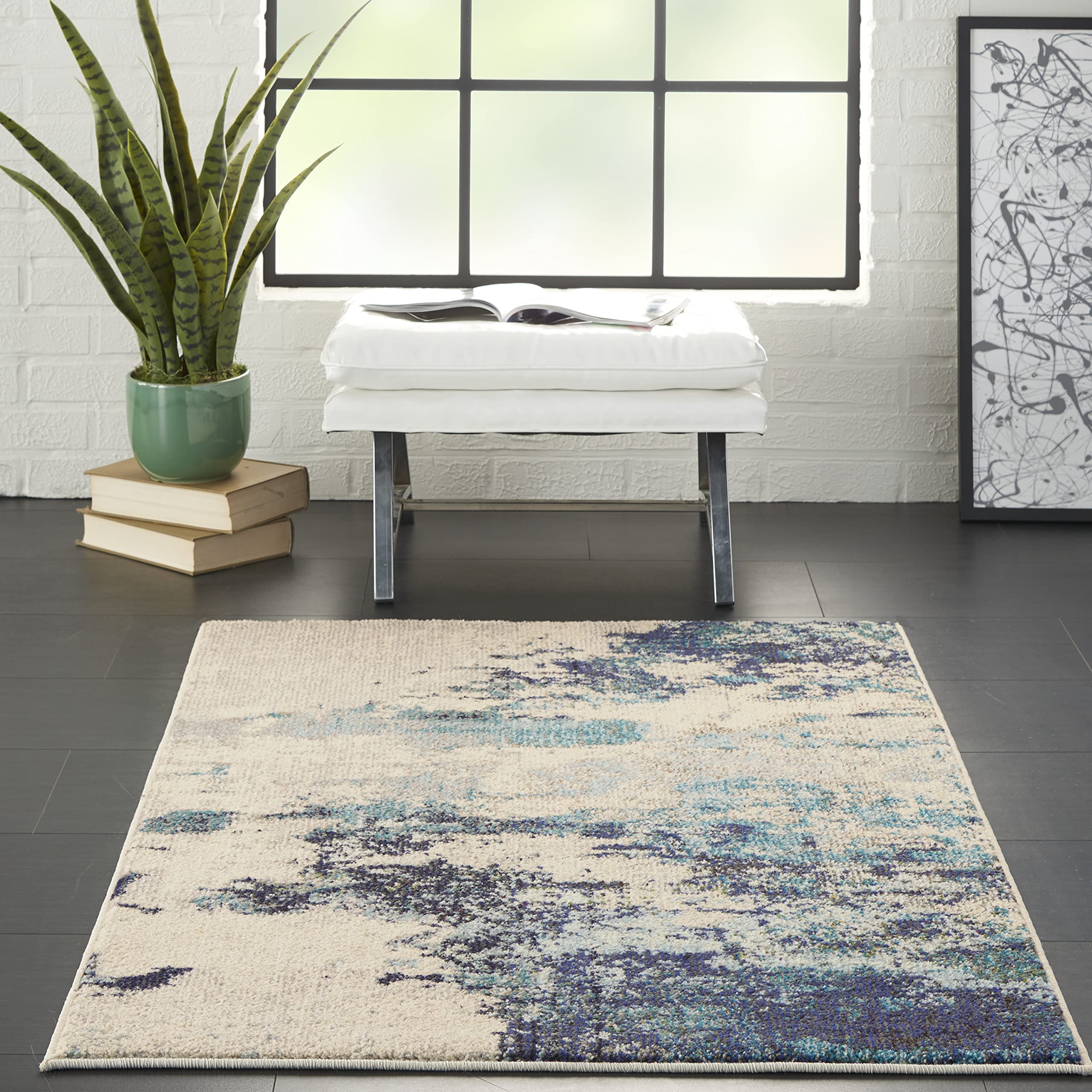 Nourison Celestial Modern Abstract Ivory/Teal Blue 3' x 5' Area Rug - Easy to Clean, Non-Shedding, Stain Resistant for Bedroom, Living Room, Dining Room & Kitchen | Perfect for Home Decor, Office Space & High Traffic Areas (3x5)