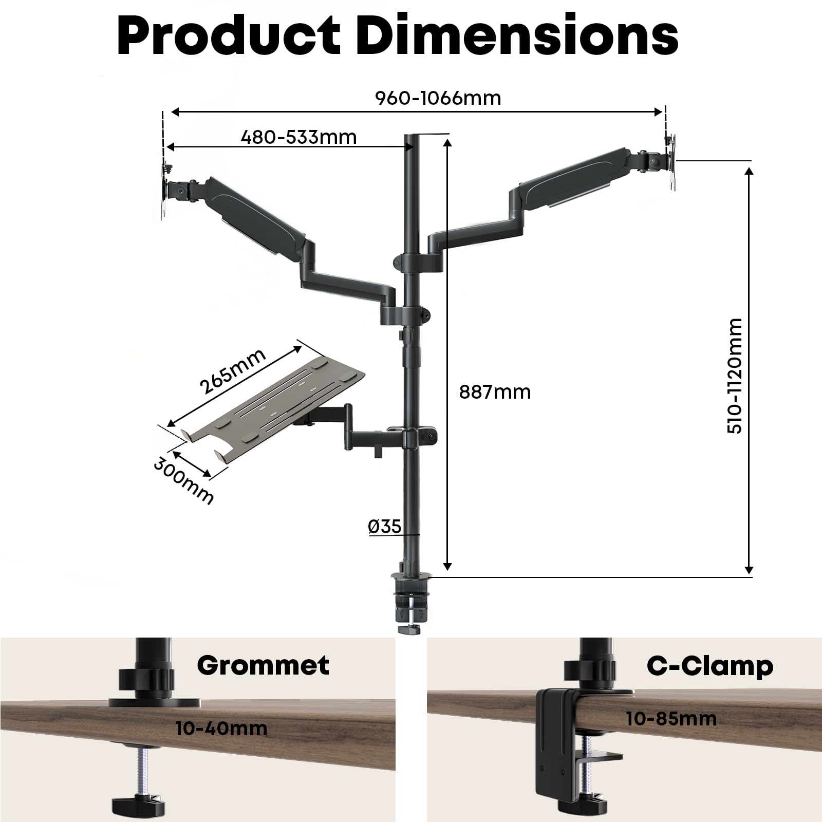 PUTORSEN Dual Monitor and Laptop Stand - Adjustable 3-in-1 Desk Mount for Two 17-32 Inch Screens & 17