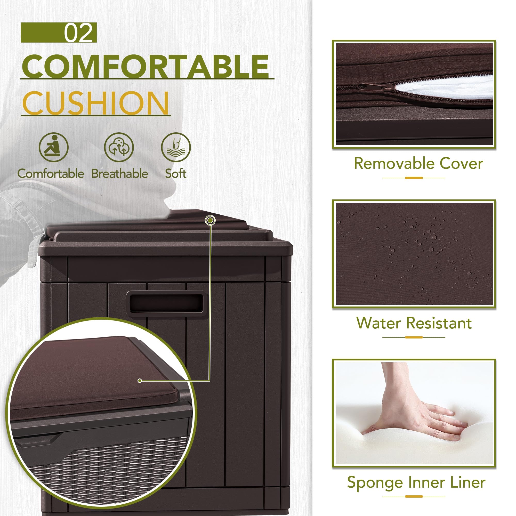 GUNJI 100 Gallon Resin Deck Box with Cushion - Outdoor Weatherproof Large Storage Container for Patio Furniture, Garden Tools, Pool Toys & Backyard Accessories - Lockable Design for Secure Storage (Brown) - Perfect for Poolside, Patio & Garden Organization