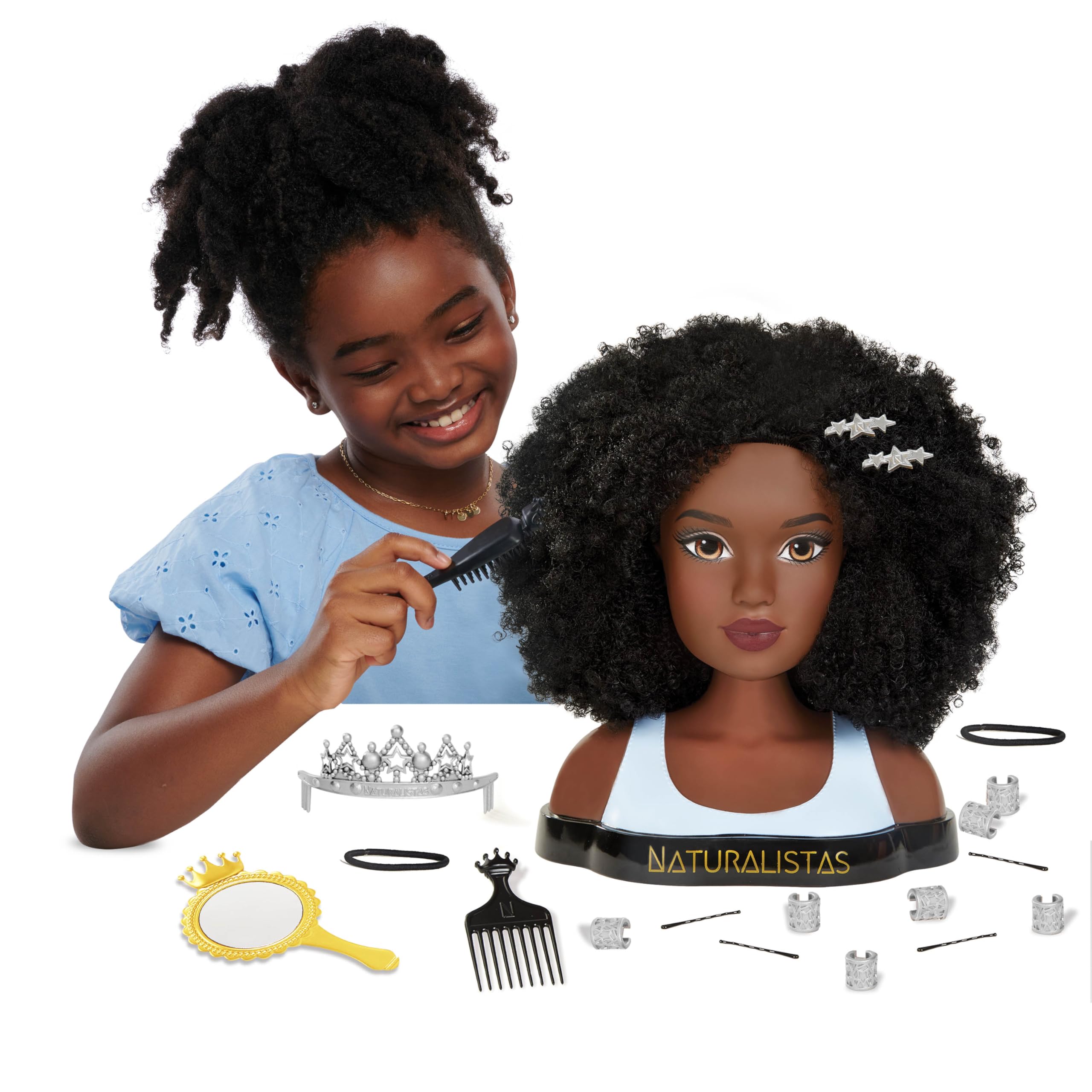 Liya Platinum Crown and Coils Fashion Styling Head with 4A Textured Hair - 19 Natural Hair Accessories for Braiding, Twisting & Styling Practice | Perfect for Salon Training, Cosmetology Students & DIY Hairstyling at Home