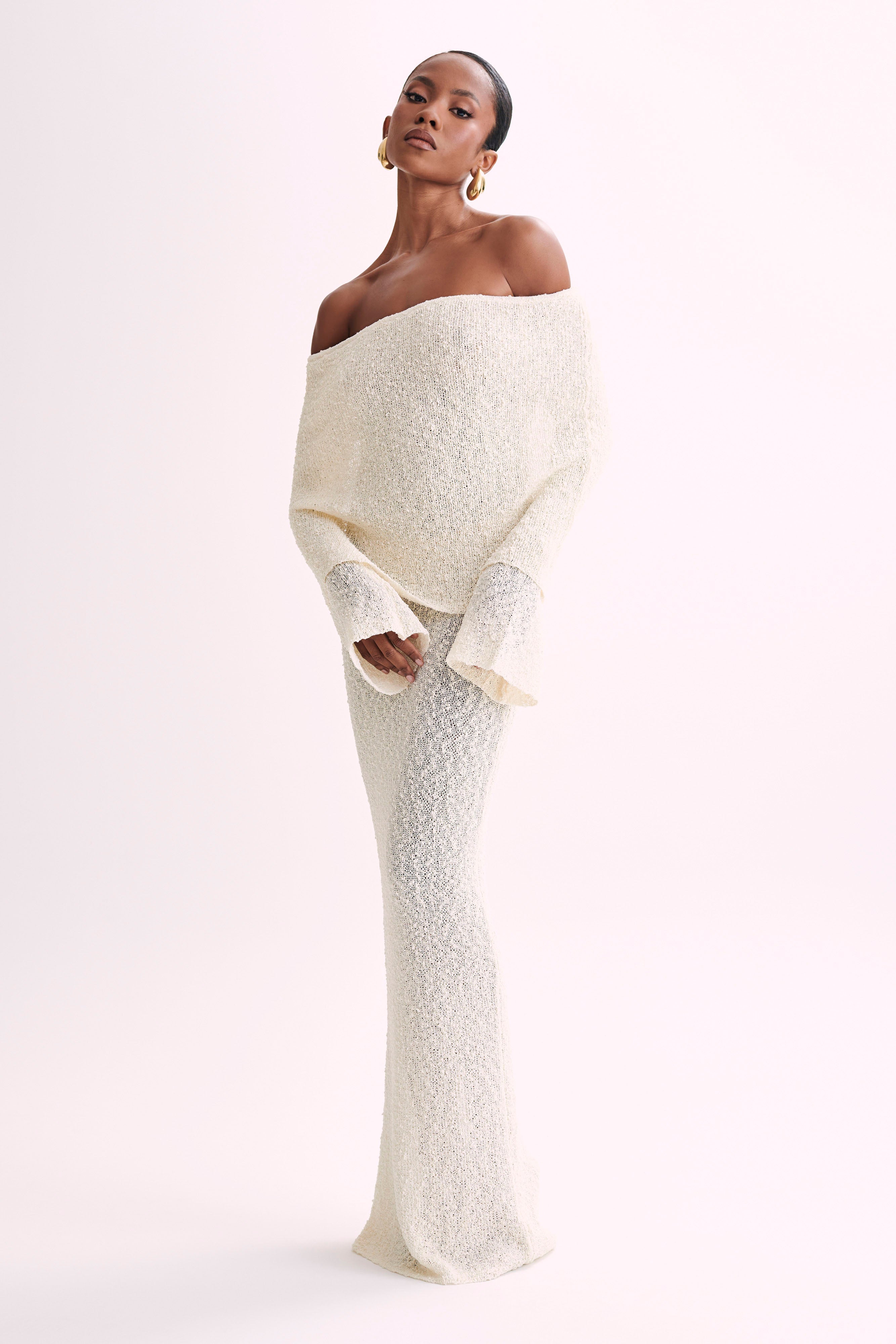 Marisol Off Shoulder Boucle Maxi Dress Ivory - Elegant Women's Summer Beach Wedding Party Dress for Vacation & Special Occasions