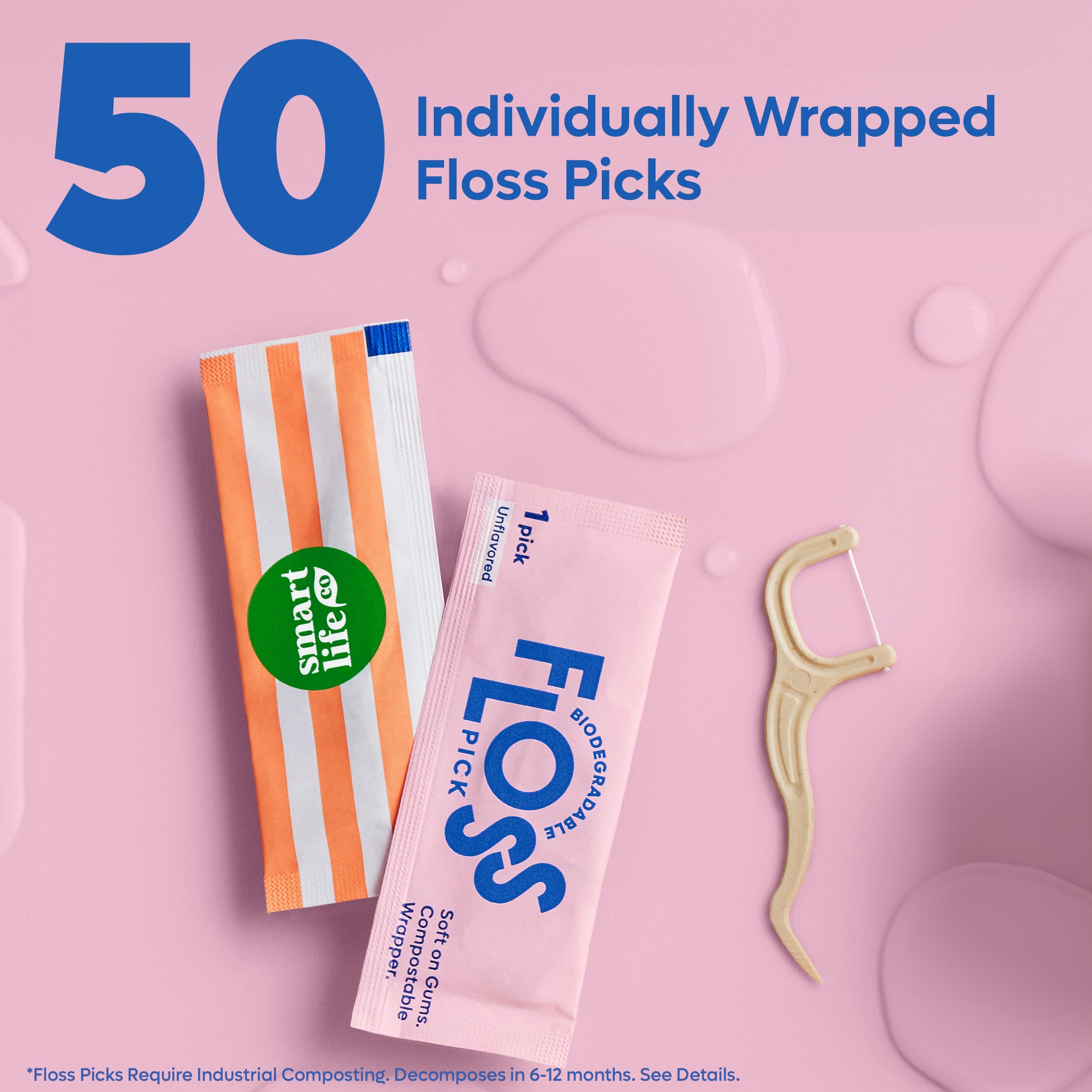 Biodegradable Dental Floss Picks - Eco Friendly Unflavored Toothpicks with Soft Straw Wheat Handle | 50 Count, Compostable & Zero Waste Oral Care | Perfect for Travel, Office, and Home Use