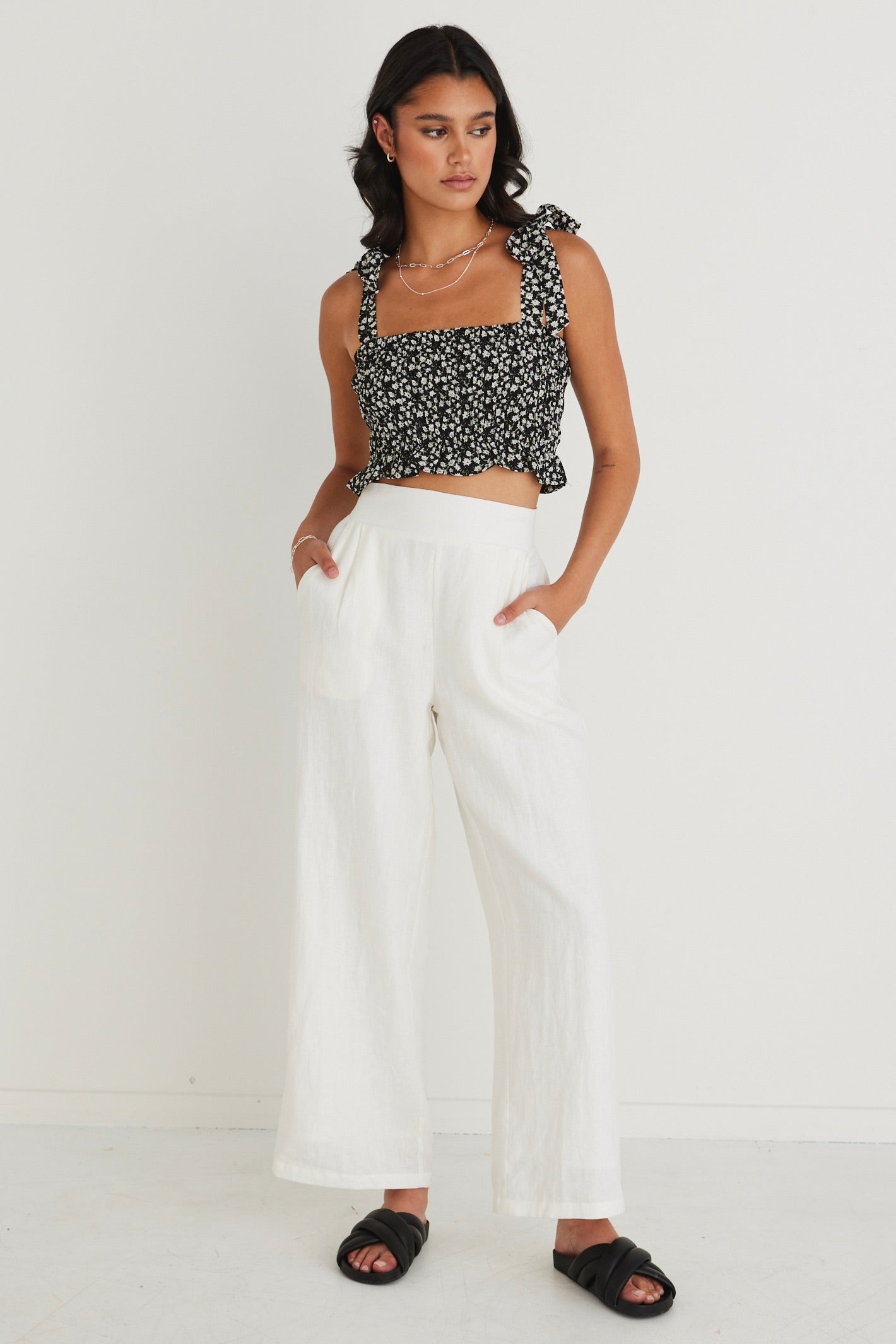Stylish Black Ditsy Floral Shirred Cami Top for Women | Summer Casual Outfit | Perfect for Dates, Beach Vacations & Brunch