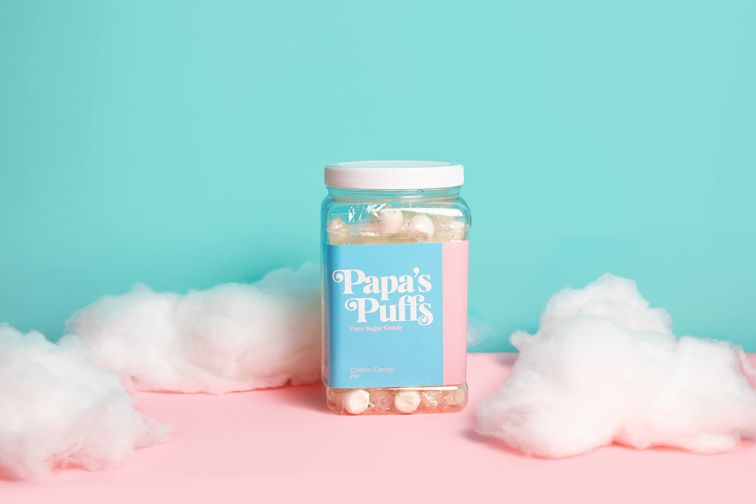 Papa's Puffs Cotton Candy Flavored Pure Sugar Candy - Individually Wrapped Resealable Tub - Fat Free, Gluten Free, Cholesterol Free - Made in USA - Perfect for Parties, Gifts & Sweet Cravings