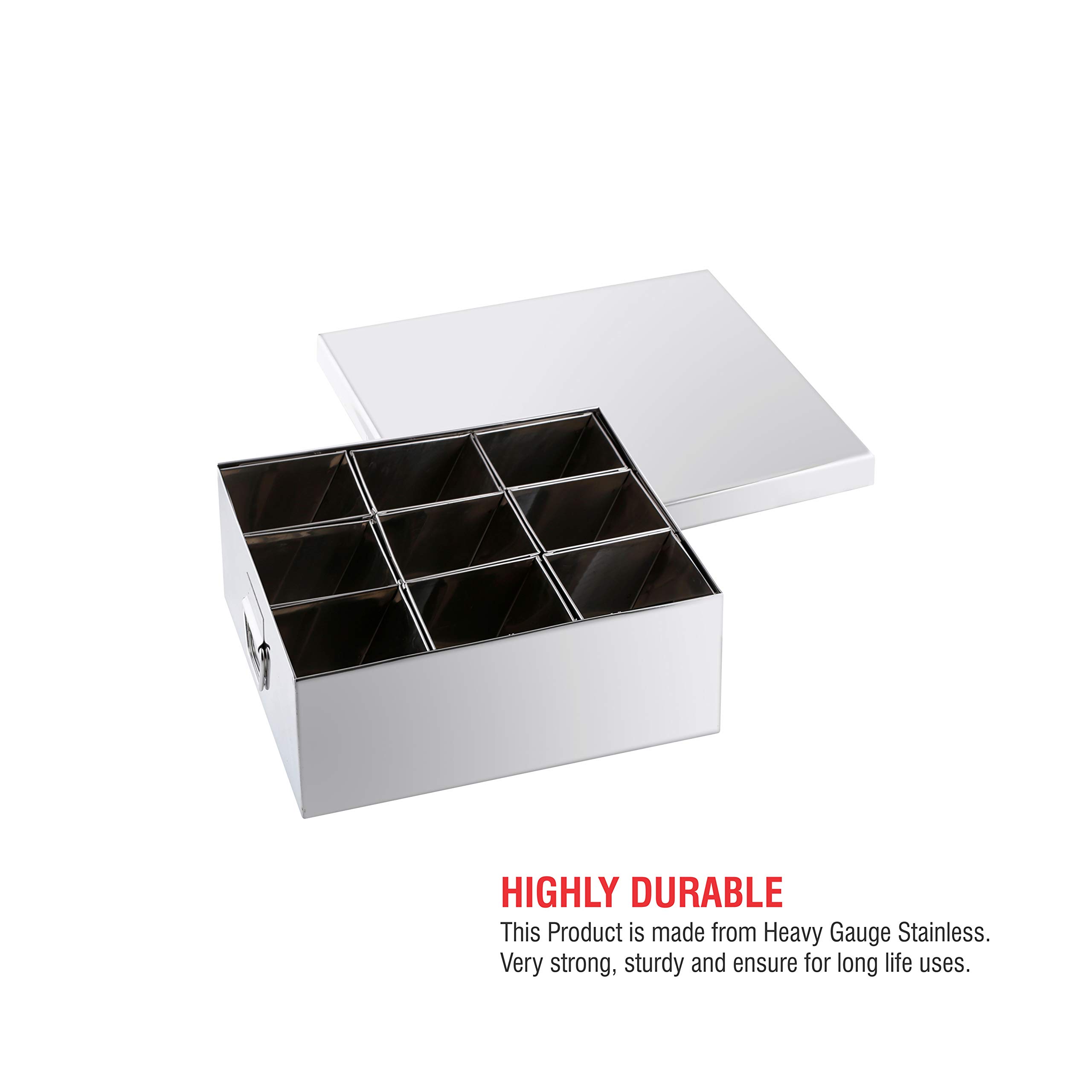 Premium Stainless Steel Masala Dabba - 9 Compartment Spice Box (96 oz, 19x19x6.5 Inches) for Indian Cooking | Airtight Containers for Fresh Spices | Perfect for Kitchens, Restaurants & Gifting