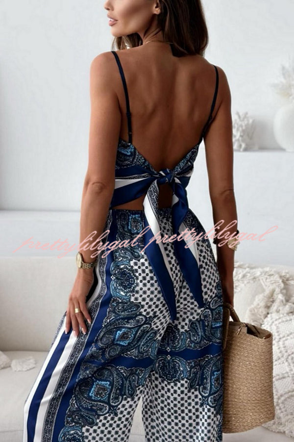 Fashionable Printed Sling Backless Strappy Top with Elastic Waist Loose Pants Set - Women's Casual Outfit for Summer Beach, Vacation and Streetwear