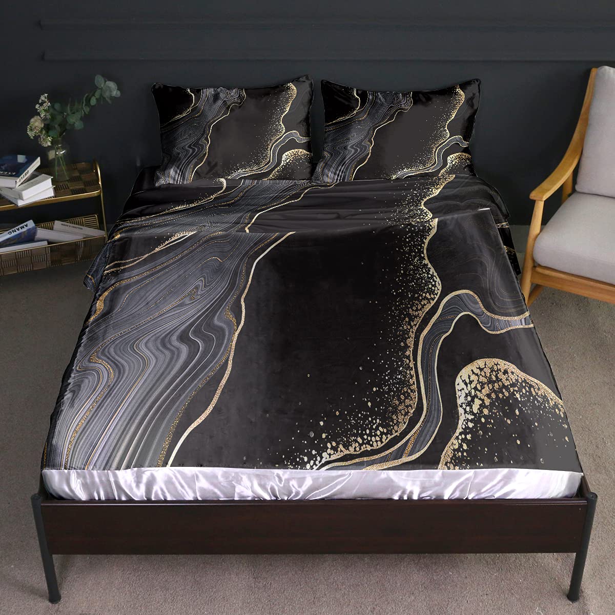 BlessLiving Satin Silk Queen Size Bed Sheets Set - 4 Piece Luxury Bedding with Flat Sheet & Fitted Sheet - Soft Silky Abstract Satin in Black, Gold & Grey Marble - Hotel Quality for Ultimate Comfort - Perfect for Master Bedroom, Guest Room & Luxury Home Decor