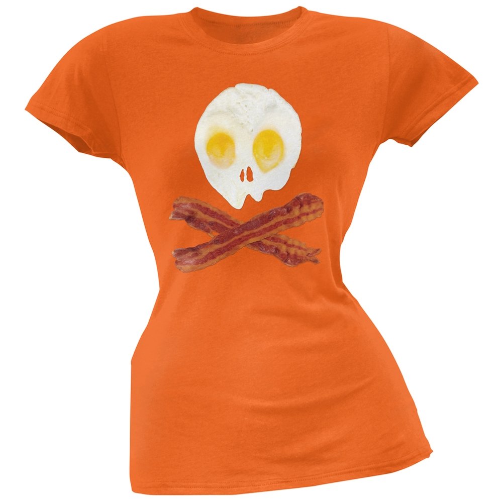 Skull and Crossbones Eggs & Bacon Graphic Soft Juniors T-Shirt - Perfect for Halloween, Pirate Costumes & Edgy Streetwear