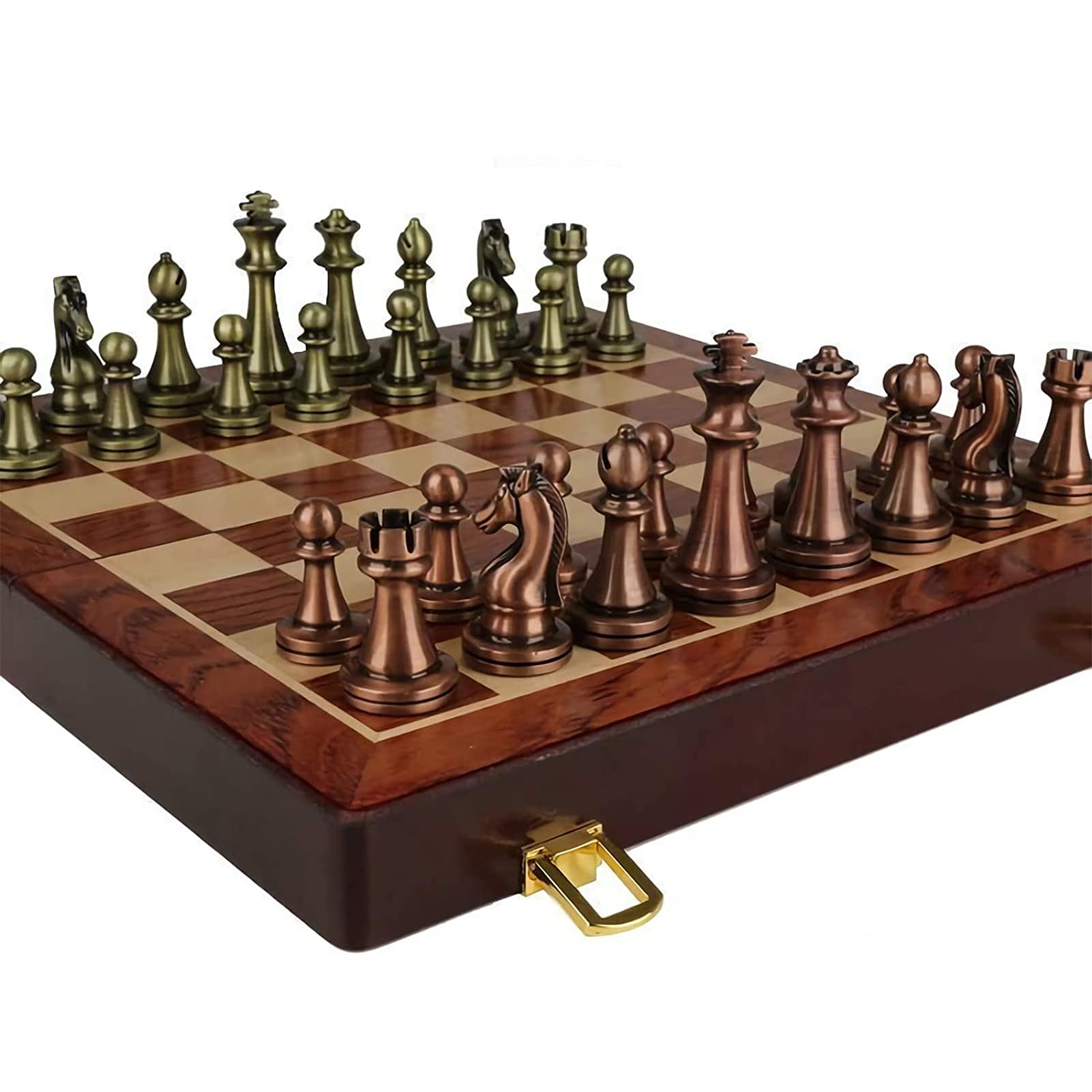 12 Inch Folding Wooden Chess Set with Classic Handmade Metal Pieces - Portable Travel Chess Board Game for Adults & Kids - Perfect for Home, Office, Travel and Gifts