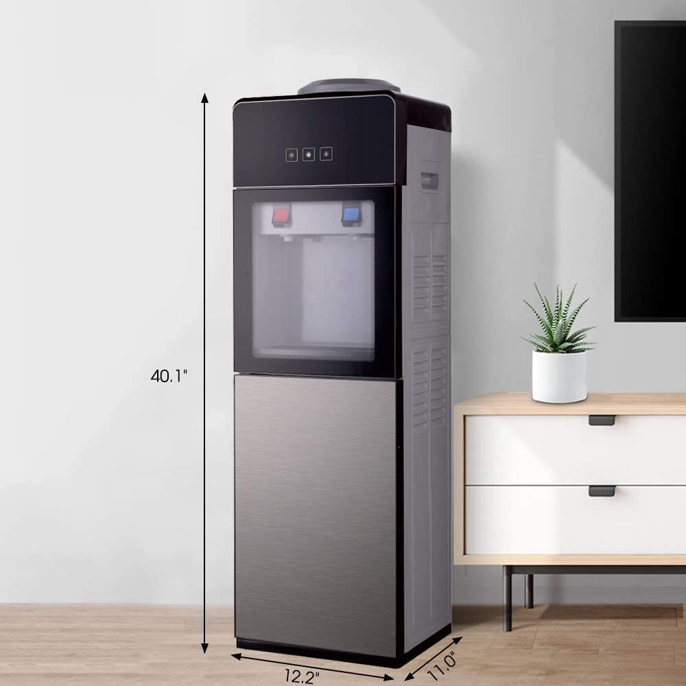 Top Loading Hot & Cold Water Cooler Dispenser for Home & Office - 3/5 Gallon Bottle Capacity with Removable Drip Tray & Storage Cabinet - Ideal for Kitchen, Living Room, Office Break Room (Black)