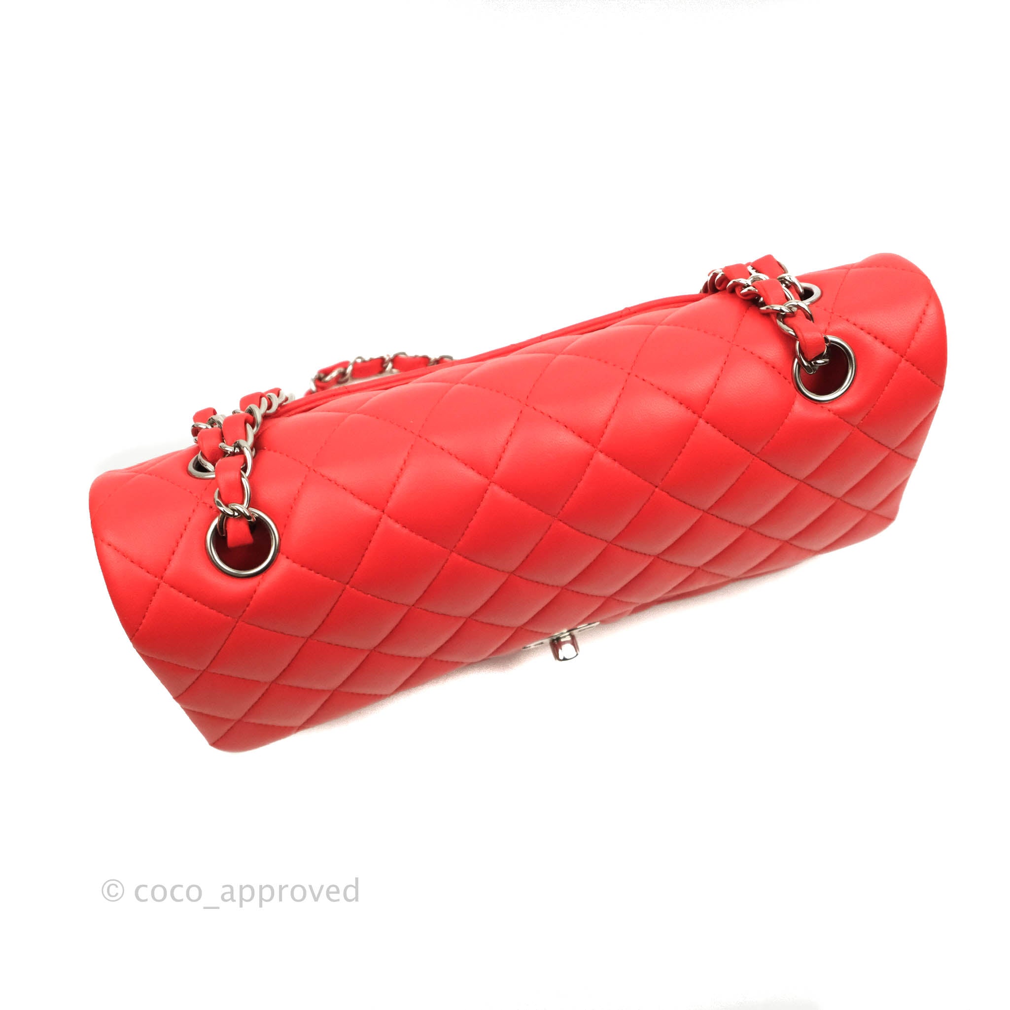 Chanel Classic Medium Double Flap Bag - Poppy Red Lambskin Leather with Silver Hardware | Luxury Designer Handbag for Women, Perfect for Date Night & Special Occasions