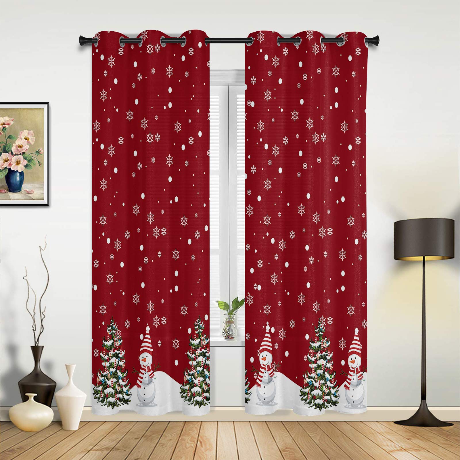 Snowman Christmas Window Curtains - Red Semi Sheer Snowflake & Xmas Tree Design for Living Room, Bedroom, Bathroom, Office, Kitchen - 80