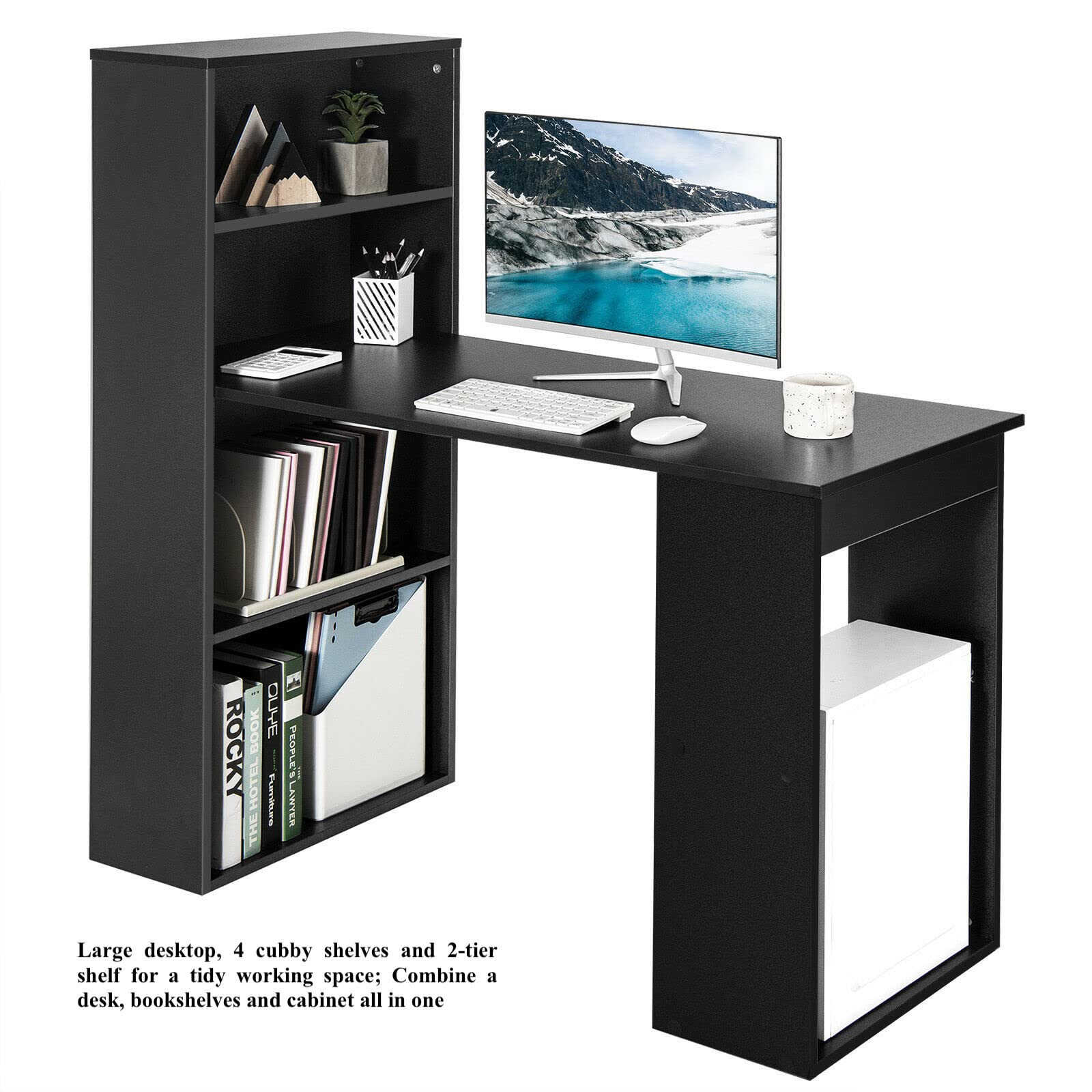 Authentic Black Home Office Computer Desk with Bookcase - 2-in-1 Design, 4-Tier Storage Shelf, Large Workstation for Laptop & PC (48x20x48 Inches) - Perfect for Study, Writing & Reading in Small Spaces