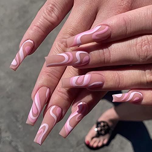 DOCVOEOMH 24PCS Long Coffin Press on Nails - Matte Acrylic Fake Nails with Artistic Wave Line Design, Reusable Full Cover Stick on Nails with Glue for Women | Perfect for Parties, Weddings & Daily Wear