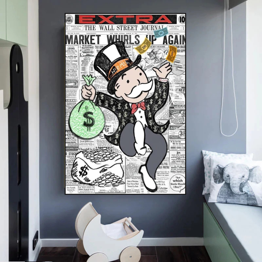 Alec Monopoly Money Bag Newspaper Print Canvas Wall Art - Modern Pop Art Decor for Living Room, Bedroom & Office