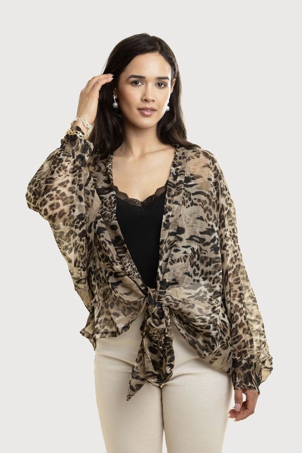 Leopard Print Tie Front Sheer Kimono Robe - Lightweight Cover Up for Women, Beachwear, Loungewear, and Boho Fashion