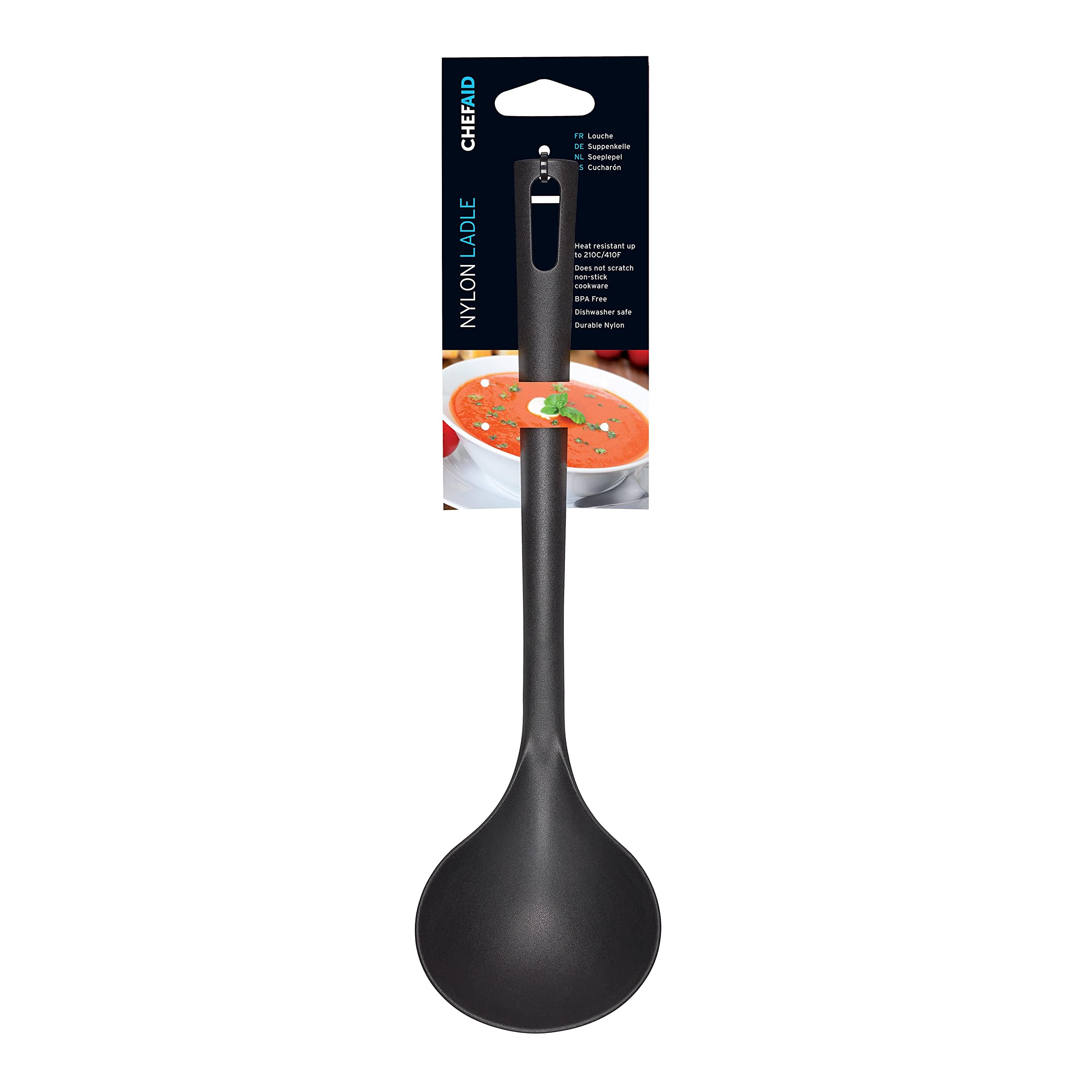 Chef Aid Black Nylon Ladle - BPA-Free Kitchen Utensil for Non-Stick Cookware - Safe & Durable Cooking Spoon - Perfect for Soups, Sauces & Stirring