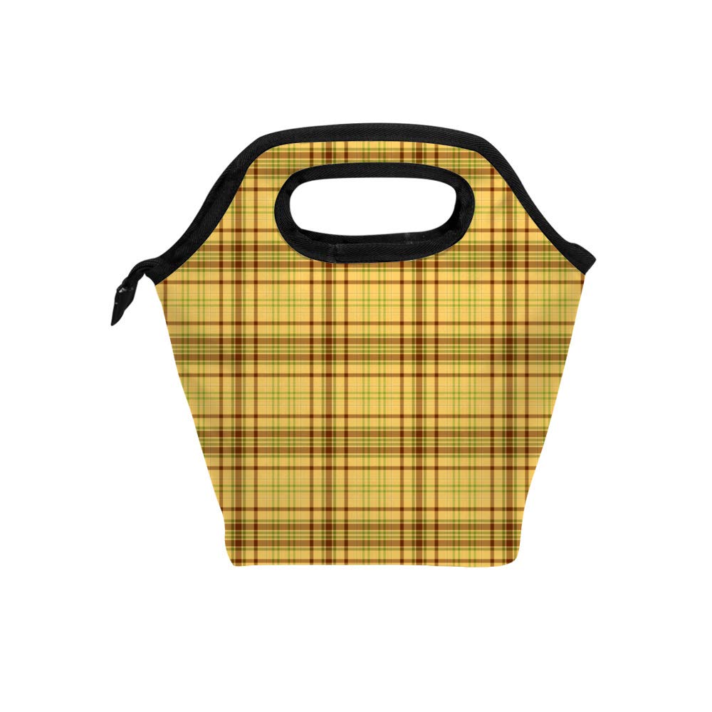 Kuizee Insulated Lunch Tote Bag - 11.5 Inch Thermal Food Carrier for Work, School & Travel - Classic Yellow Plaid Design - Perfect for Office, Outdoor Picnics & Daily Commutes