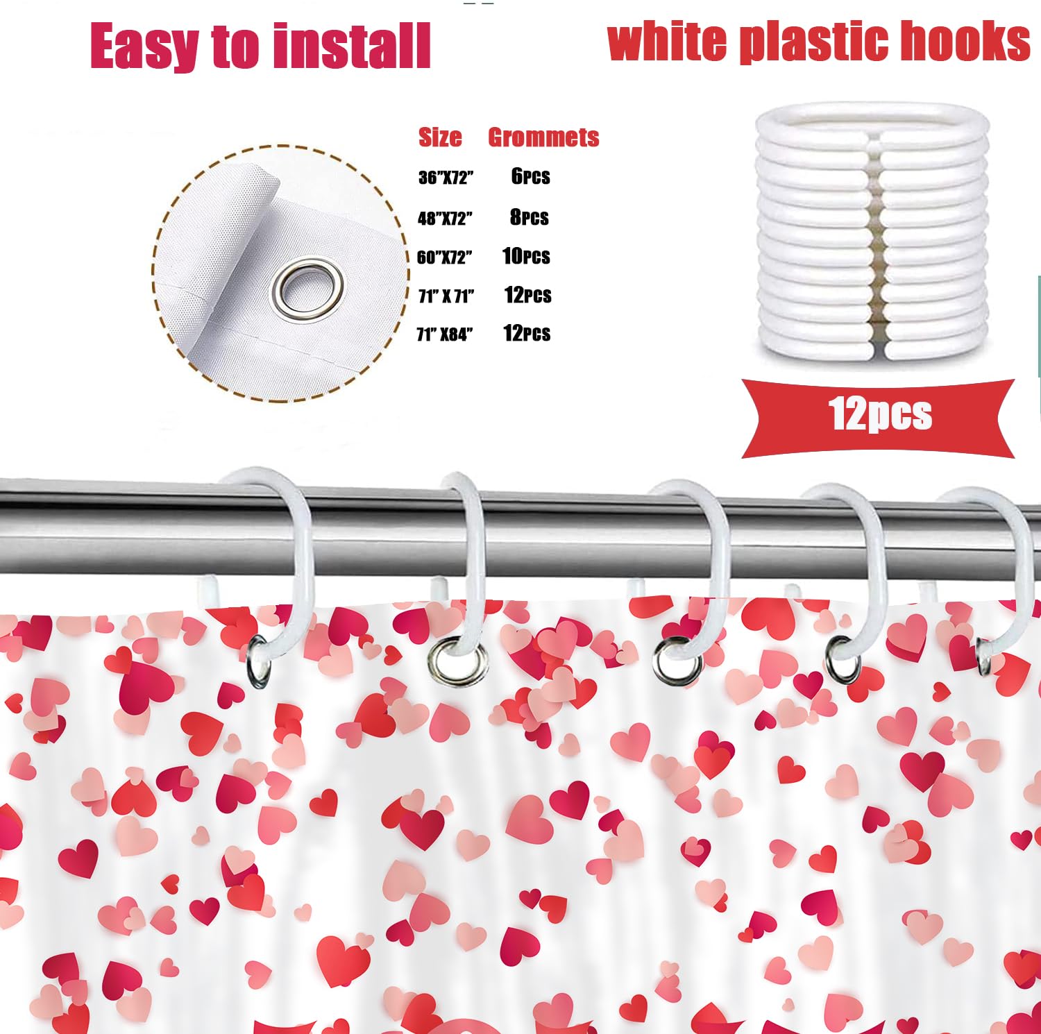 Valentine's Day Shower Curtain - Romantic Pink & Red Heart Design, Waterproof Fabric Bath Curtain with Hooks (71x71 Inch) for Couples' Bathroom Decor - Perfect for Valentine's Gifts, Anniversary, or Romantic Home Decor