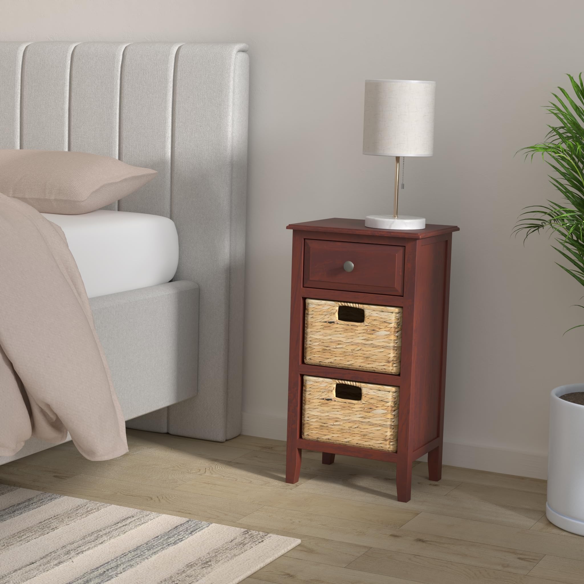 Safavieh Everly Cherry Wood Nightstand with 1 Drawer & 2 Removable Baskets - Bedside Table for Bedroom, Living Room, or Office Storage