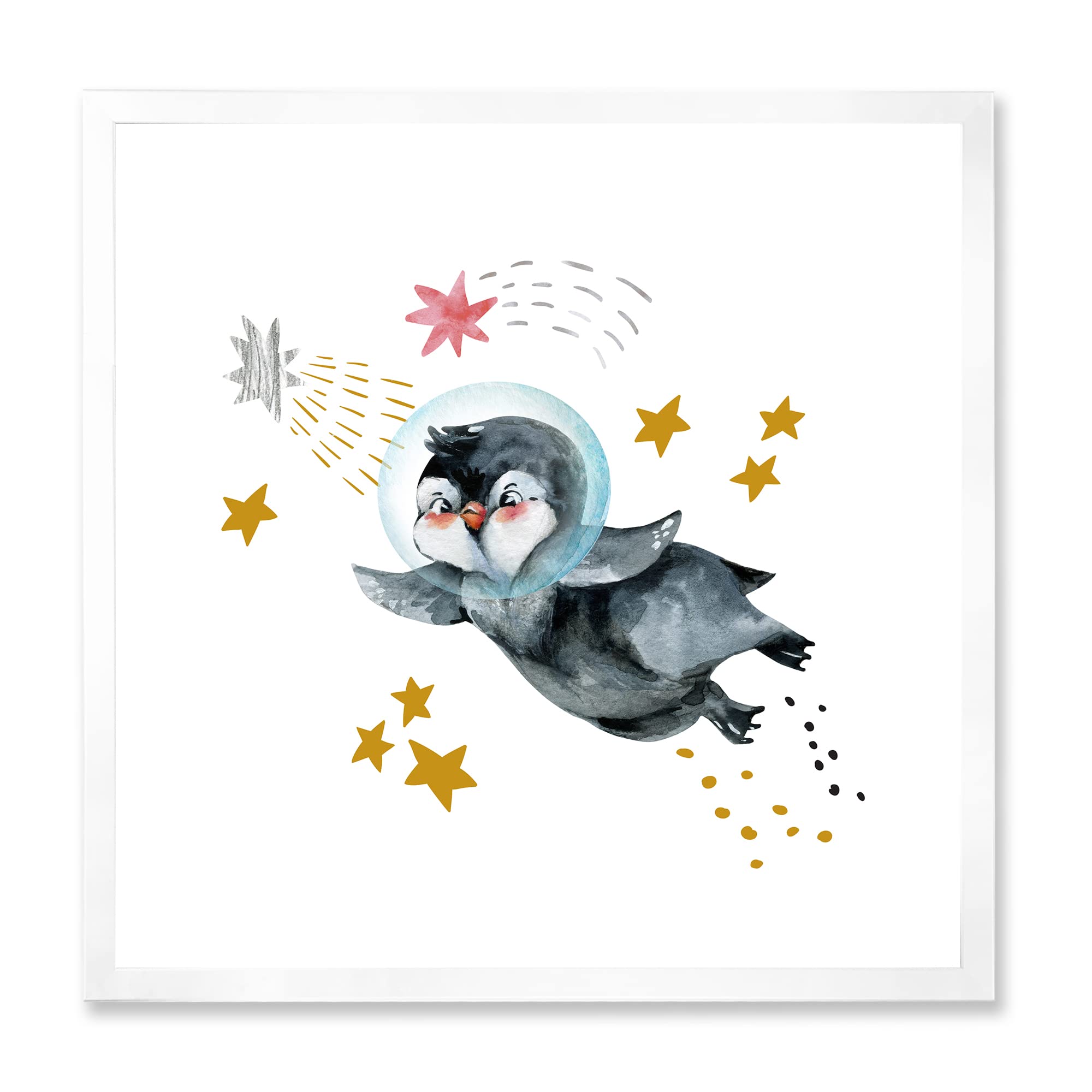DesignQ Little Penguin Flying Stars and Planets Farmhouse Framed Wall Art - Nursery Decor, Kids Room Wall Decor, Living Room Wall Art