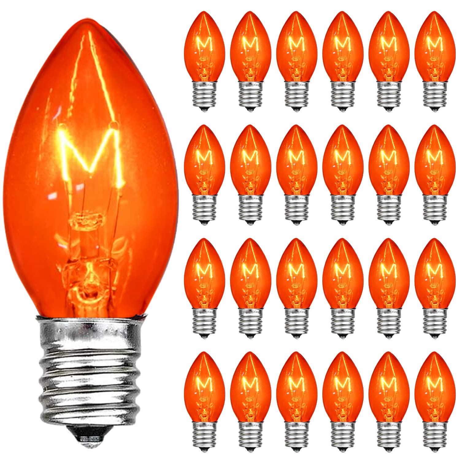 25 Pack C7 Orange Light Bulbs - Clear E12 Incandescent 5W Night Light Bulbs for Halloween Decor, Home Party, Christmas Tree, Candles & Chandeliers - Perfect for String Lights Replacement & Spooky Atmosphere Lighting