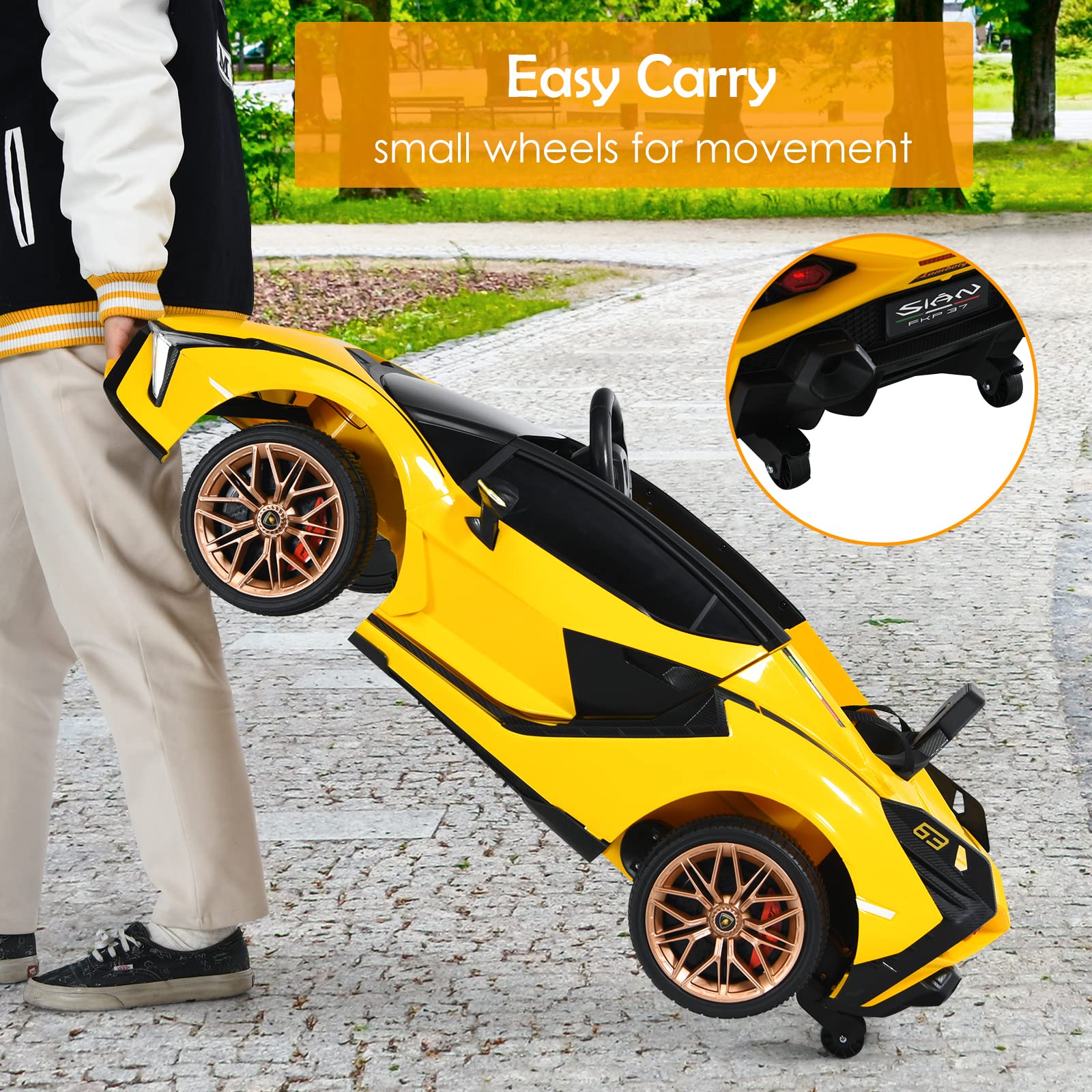 OLAKIDS Licensed Lamborghini SIAN 12V Electric Ride On Car for Kids - Remote Control, 2 Speed, LED Lights, Bluetooth & Music - Battery Powered Toy Vehicle for Toddlers (Yellow) - Perfect for Birthday Gifts, Outdoor Play & Indoor Fun