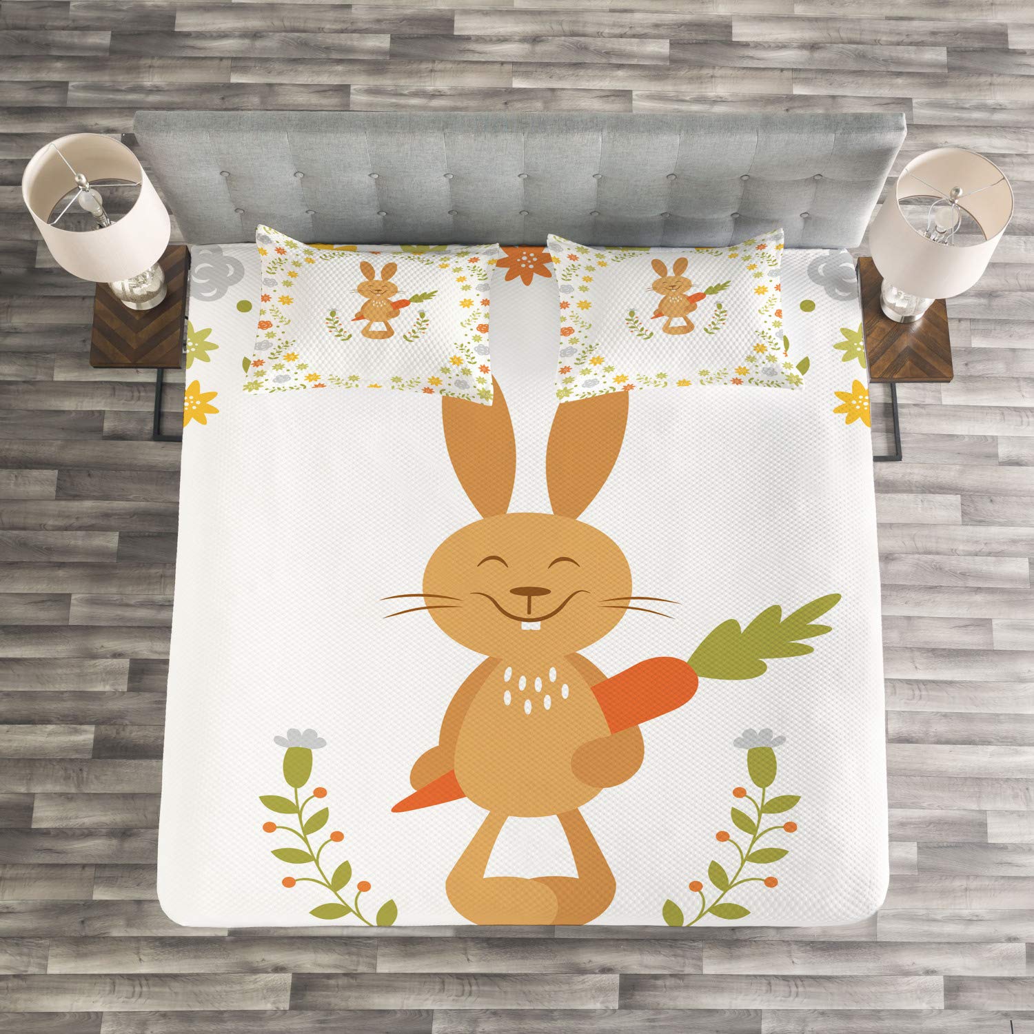 Ambesonne Funny Rabbit Bedspread Set - 3 Piece King Size Bedding with Happy Bunny, Carrots & Flowers Design - Decorative Coverlet & 2 Pillow Shams - Perfect for Kids Room, Nursery Decor & Summer Themed Bedrooms