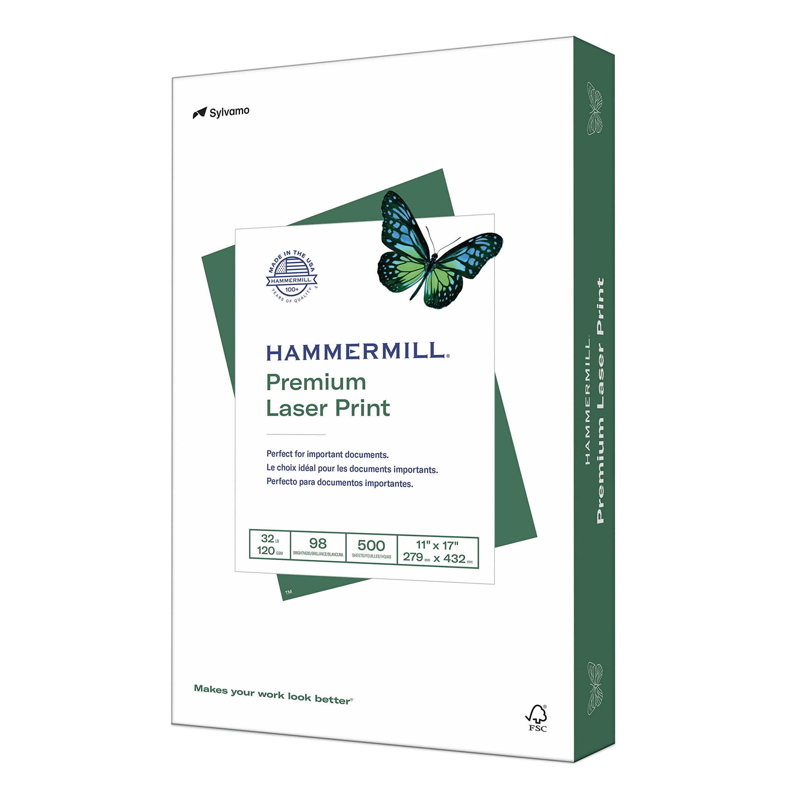 Hammermill Premium 32 lb Laser Printer Paper, 11 x 17 Inches, 500 Sheets/Ream - 98 Brightness, Made in USA (104653R) - Ideal for Office Documents, Presentations & Professional Printing