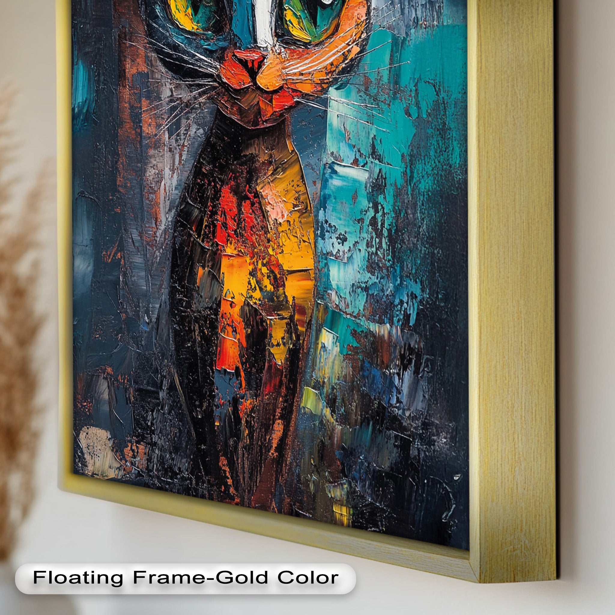 Abstract Cat Portrait with Neon Hues - Vibrant Animal Oil Painting Wall Art for Living Room, Bedroom & Office Decor