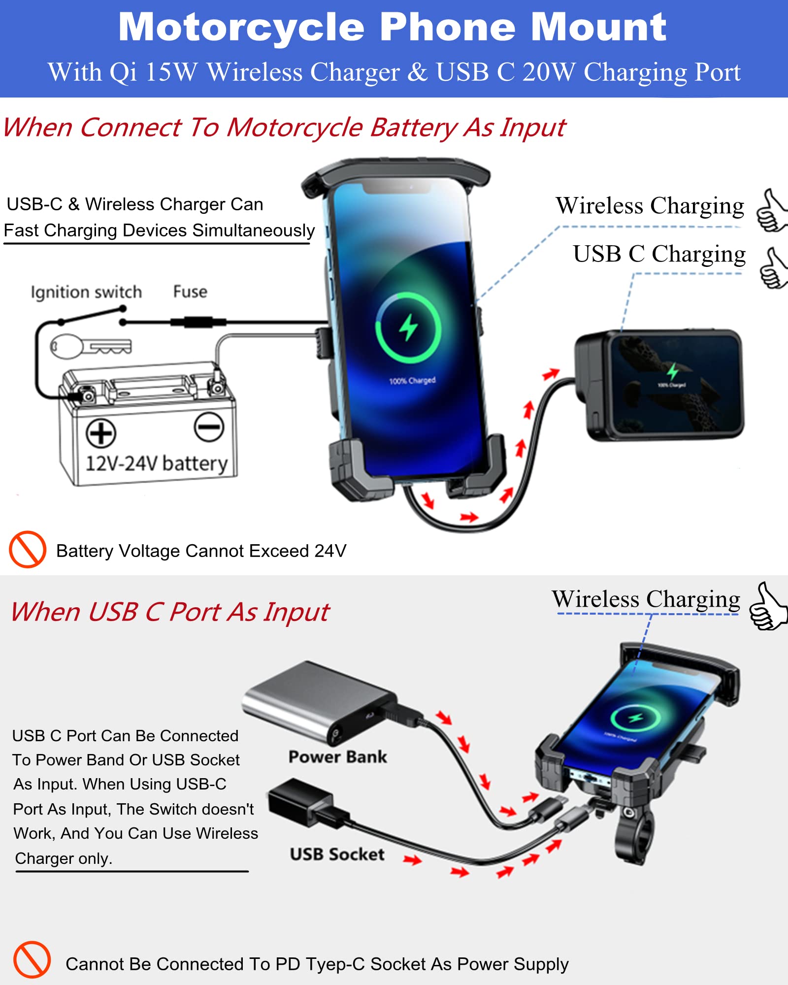 BRCOVAN Motorcycle Phone Mount with Qi 15W Wireless Charger & USB-C 20W Fast Charging - One-Hand Operation Handlebar Phone Holder for 4-7 Inch Smartphones - Aluminum Alloy Base - Perfect for Riding, Commuting & GPS Navigation