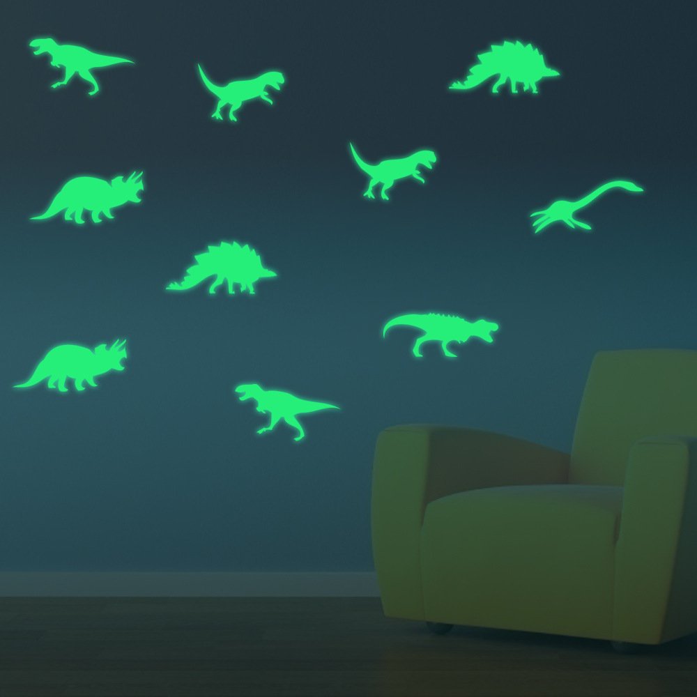 Glow in the Dark Wall Decals - Fluorescent Dinosaur Wall Stickers for Kids Room, Nursery, Bedroom & Living Room Decor - Fun Nighttime Glow Decorations for Children's Spaces