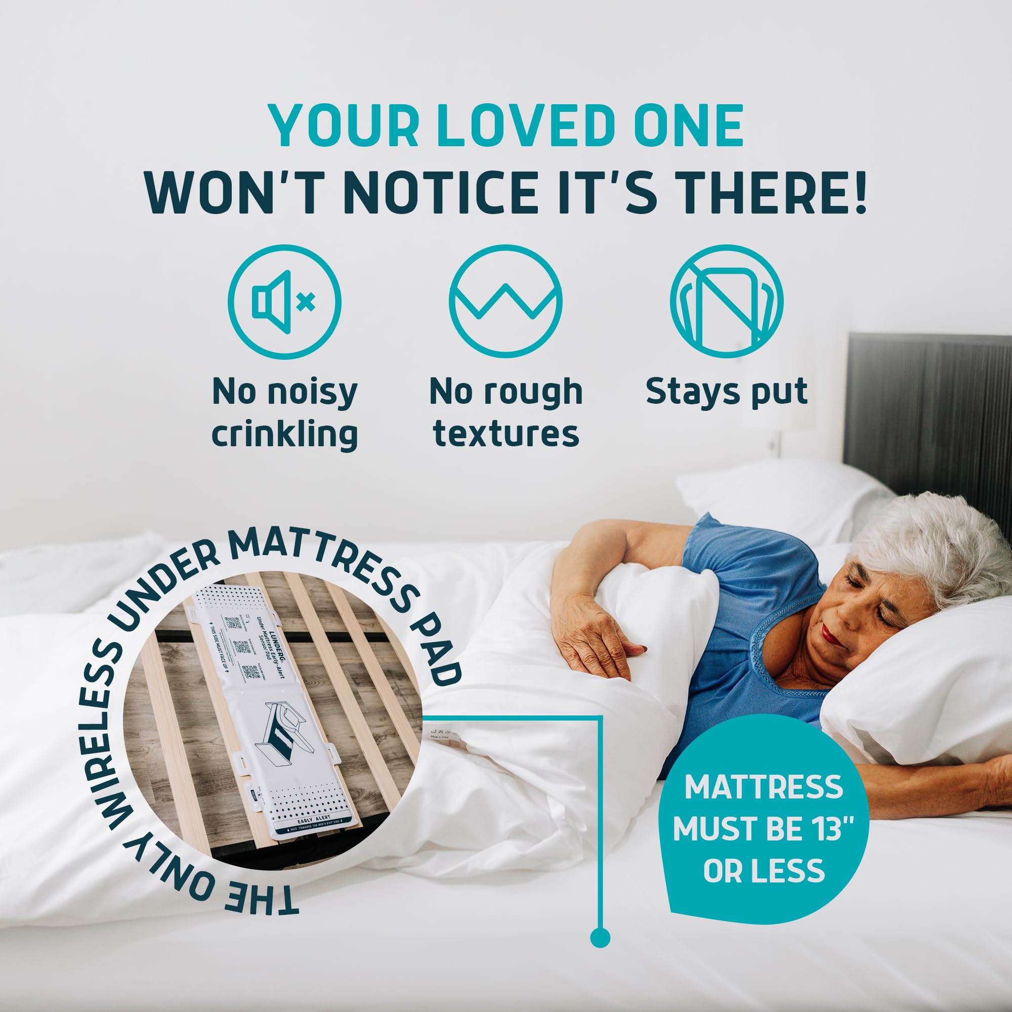 Lunderg Wireless Under Mattress Bed Alarm for Seniors - Fall Prevention Sensor Pad with Early Alert Pager System - Elderly Safety & Dementia Care Device - Low False Alarms - Ideal for Nursing Homes & Home Care Use