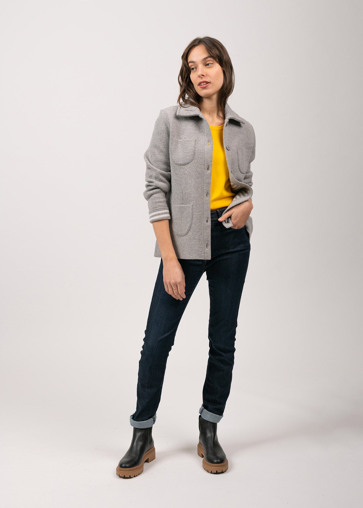 Nashville Women's Short Buttoned Jacket with Patch Pockets - Light Grey & Winter White | Casual Outerwear for Fall & Winter Fashion