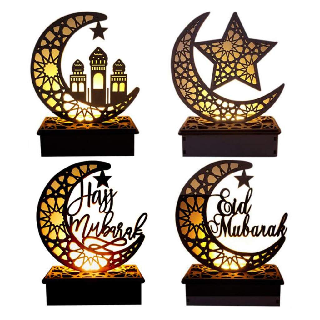 Eid Mubarak LED Lights - 3D Wooden Moon & Star Night Light for Ramadan Festival Decor, Home Party Bedroom Ornament, Muslim Gift (Pattern 4) - Perfect for Ramadan Celebrations, Home Decor, and Gift Giving