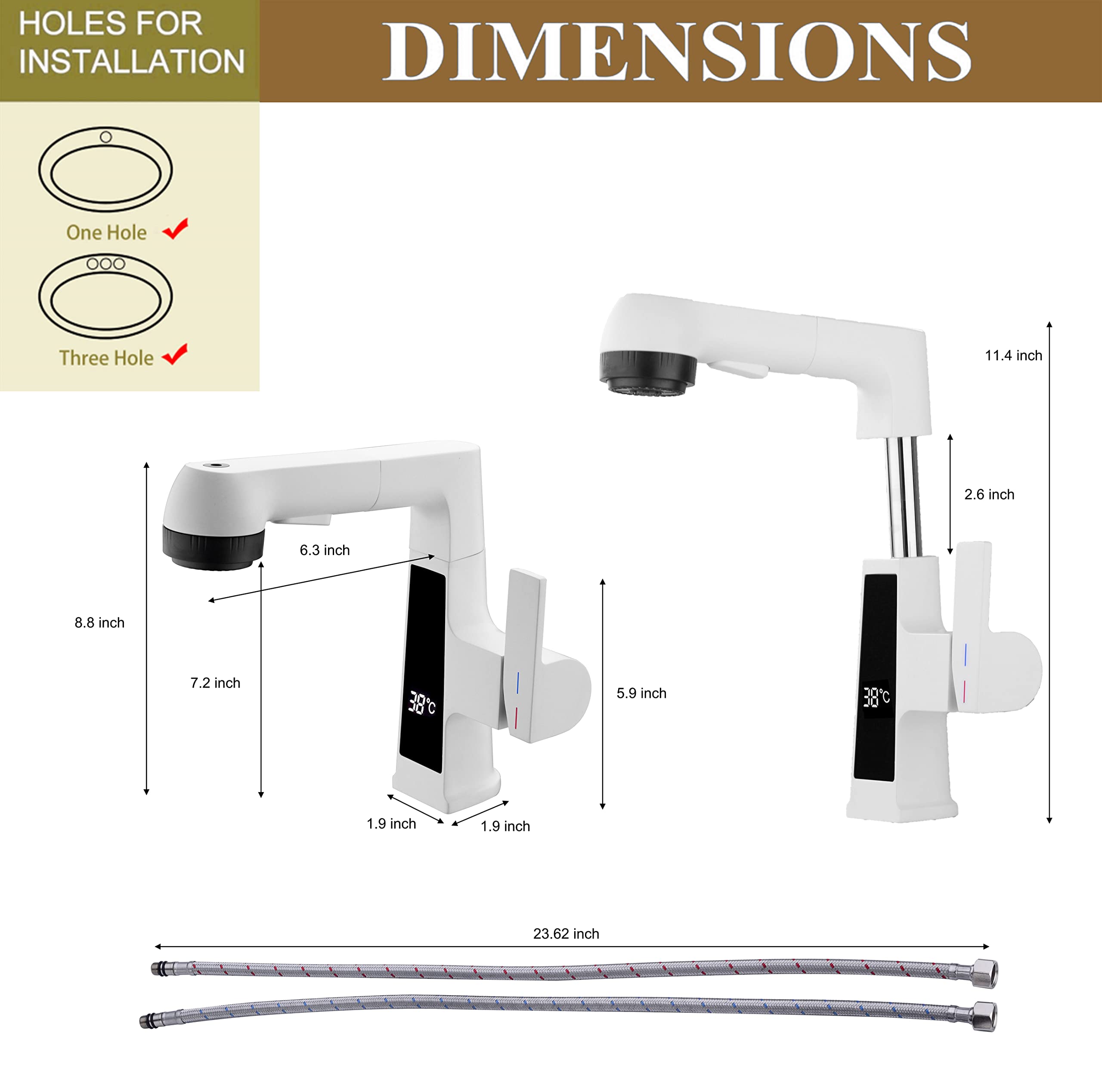 Digital Display Matte Black LED Bathroom Faucet with Pull-Out Sprayer - 5 Flow Modes for Modern Sinks