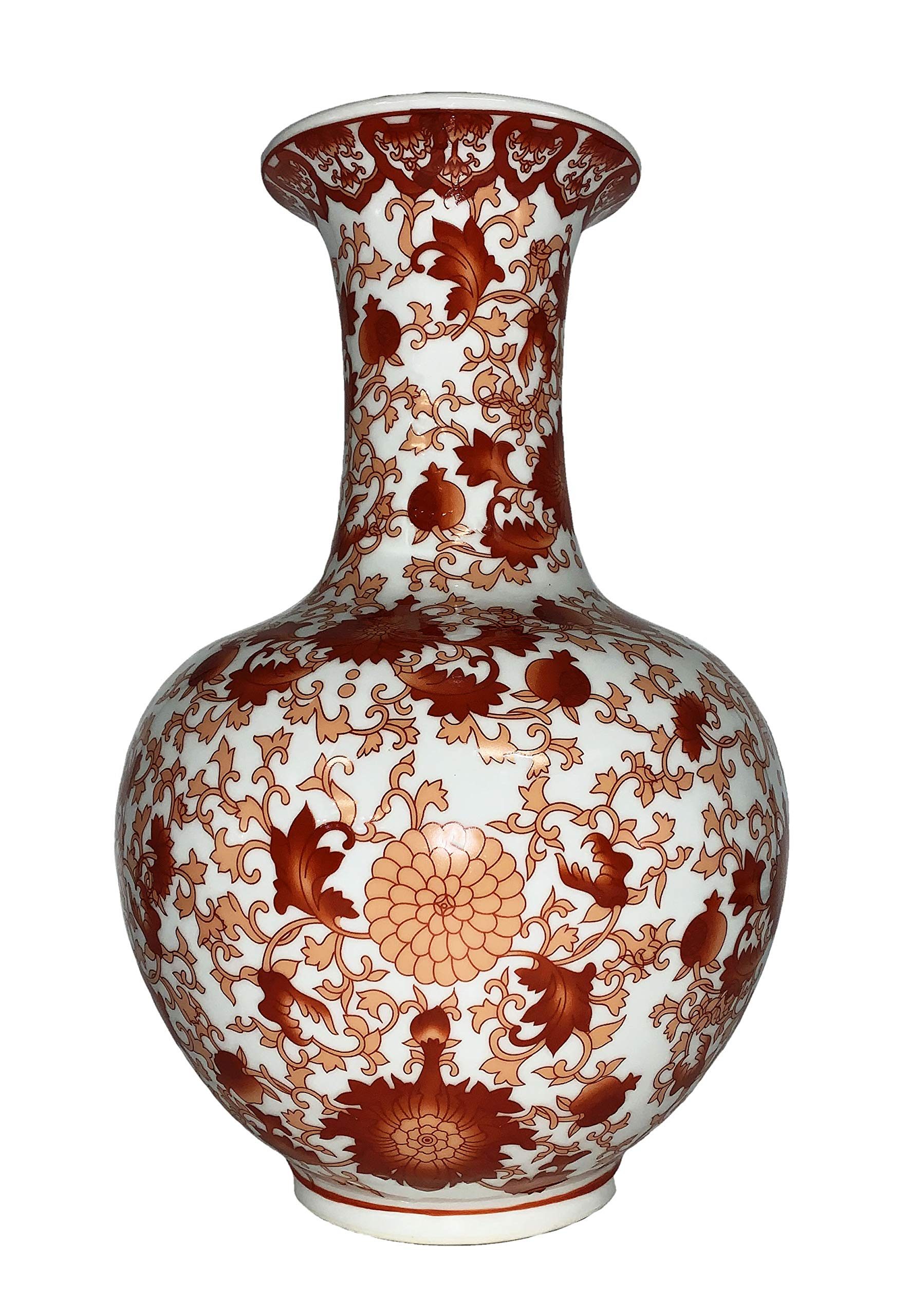 Chinese Red Coral Pattern Porcelain Ball Vase - Oriental Home Decor, Antique Style Decorative Vase for Living Room, Dining Table, Office & Wedding Centerpiece