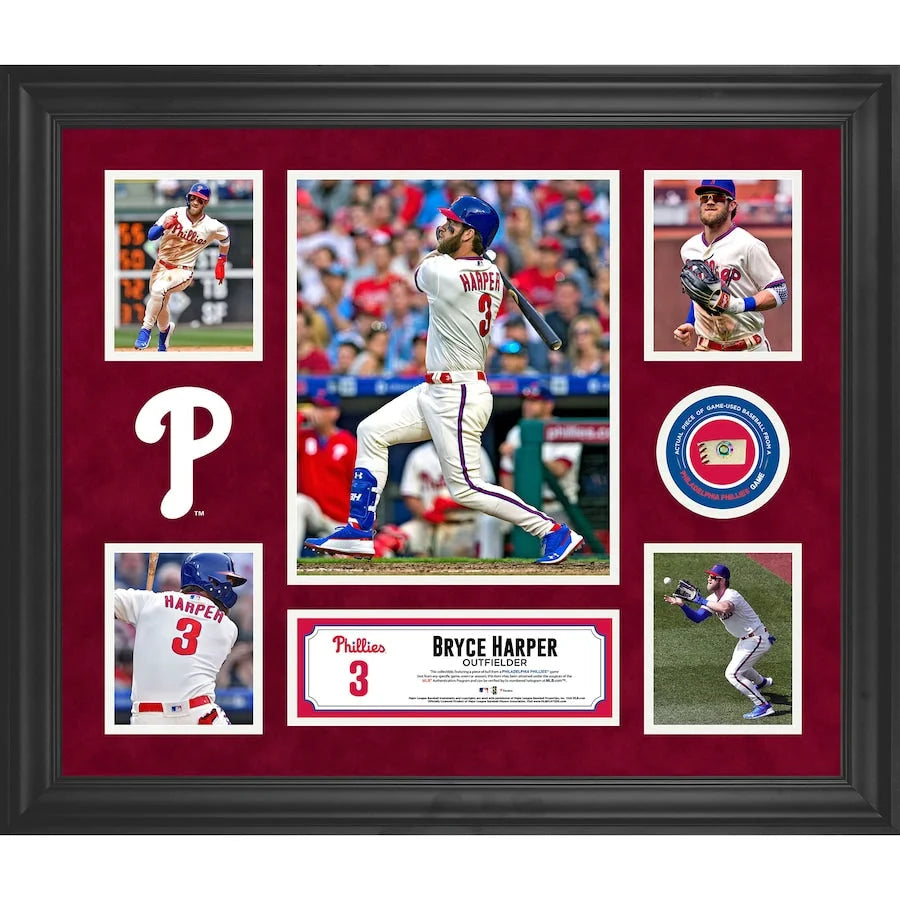 Bryce Harper Philadelphia Phillies Game Used Baseball Memorabilia - Framed Collage with Authentic Jersey Piece - Perfect for Sports Fans, Man Cave Decor, and Phillies Collectors