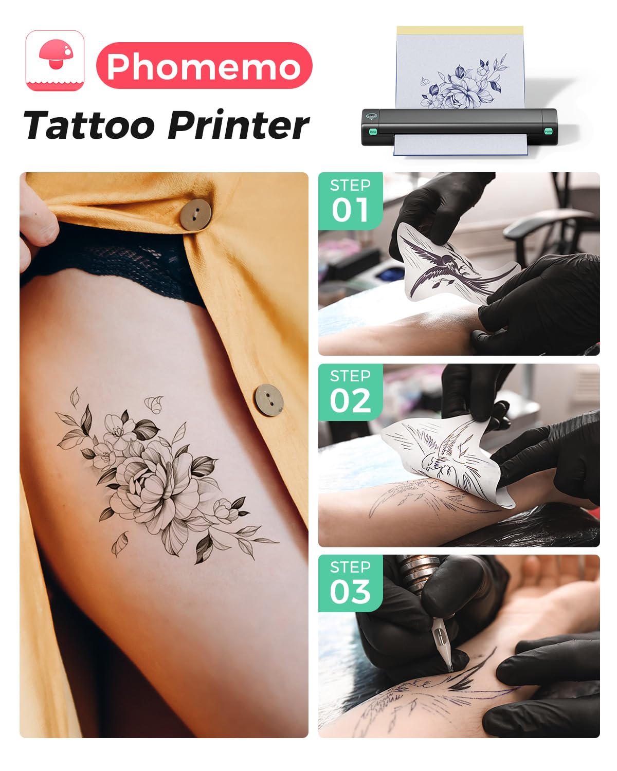 Phomemo Wireless Tattoo Stencil Printer Kit - Bluetooth Thermal Transfer Machine with Storage Case & 10 Sheets Tattoo Transfer Paper | Compatible with iPhone, Android & PC | Perfect for Tattoo Artists & Beginners | Home Studio & Professional Tattoo Shop Use