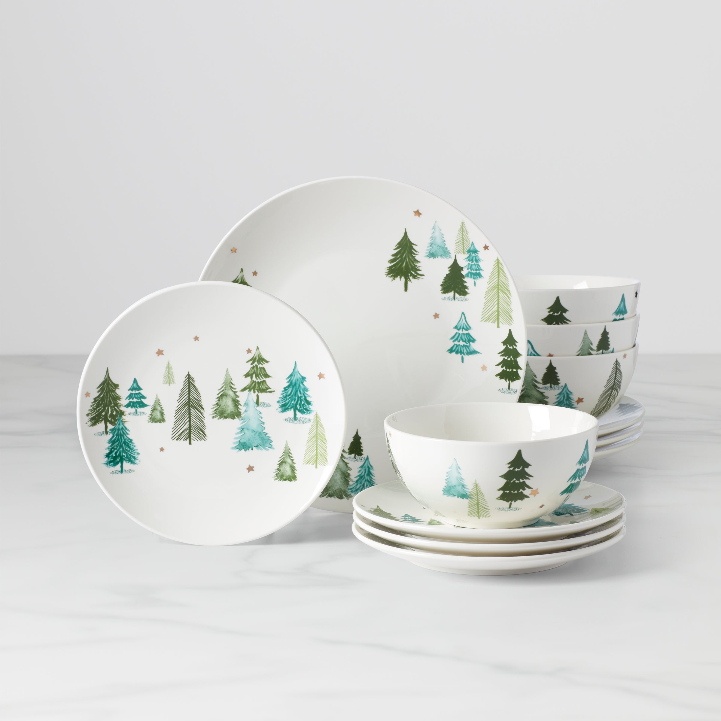 Balsam Lane 12-Piece Dinnerware Set - Porcelain Plates, Bowls & Mugs for 4 People - Elegant Tableware for Everyday Dining, Dinner Parties & Holiday Gatherings