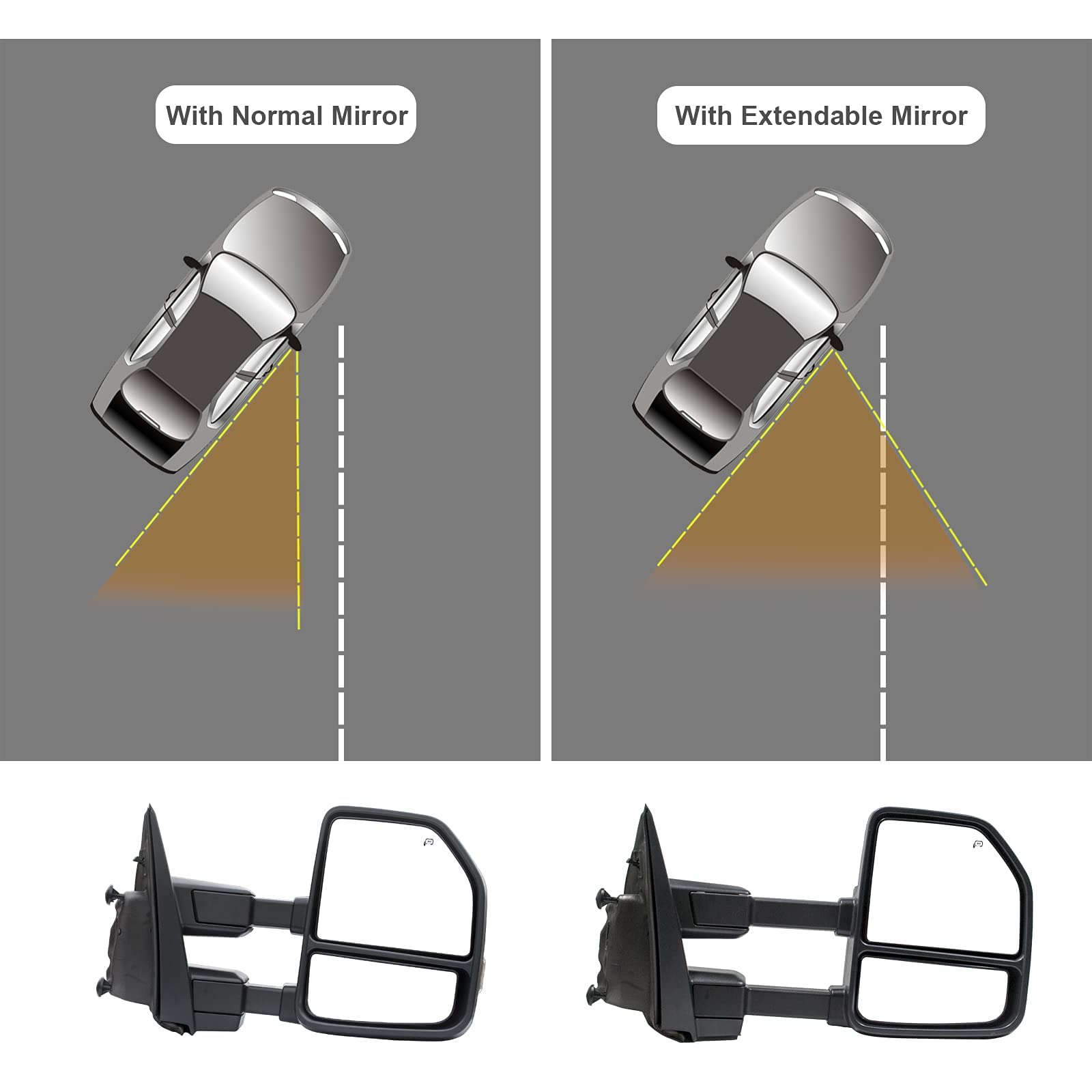 Heated Power Towing Mirrors for Ford F150 (2015-2020) - Chrome Cap, Turn Signal Lights & Temperature Sensor, 8-Pin Plug - Perfect for Towing Trailers, Campers & Heavy Loads