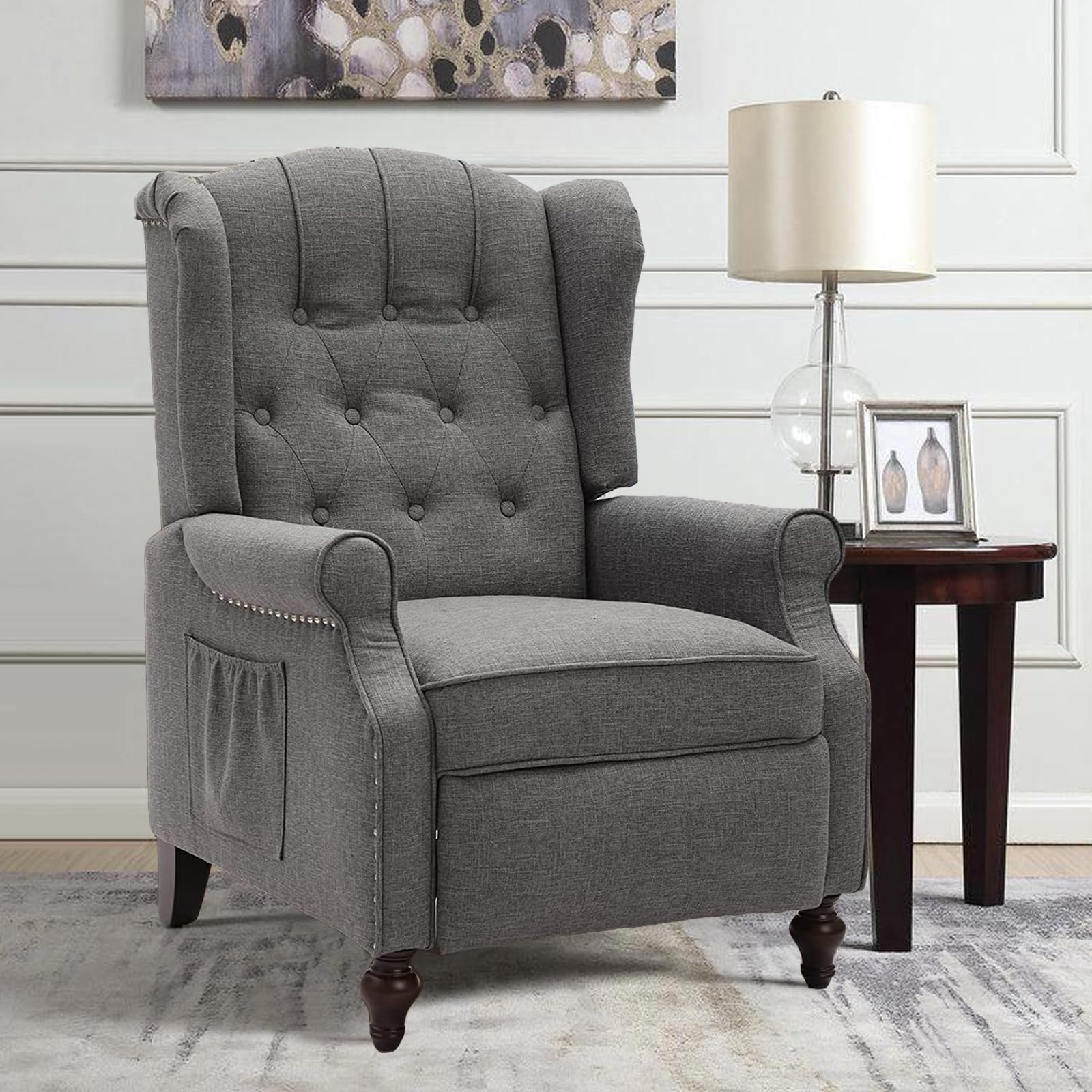 Elizabeth Tufted Wingback Recliner Chair with Massage & Heat - Mid-Century Modern Upholstered Club Chair with Side Pockets - Comfortable Living Room Recliner for Relaxation & Home Theater (Light Grey)