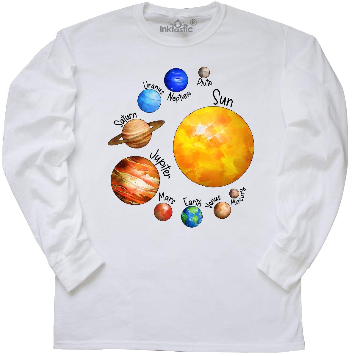 Inktastic Sun and Planets - Yes, and Pluto Long Sleeve T-Shirt | Space Themed Graphic Tee for Men & Women | Perfect for Astronomy Lovers, Science Geeks & Casual Wear