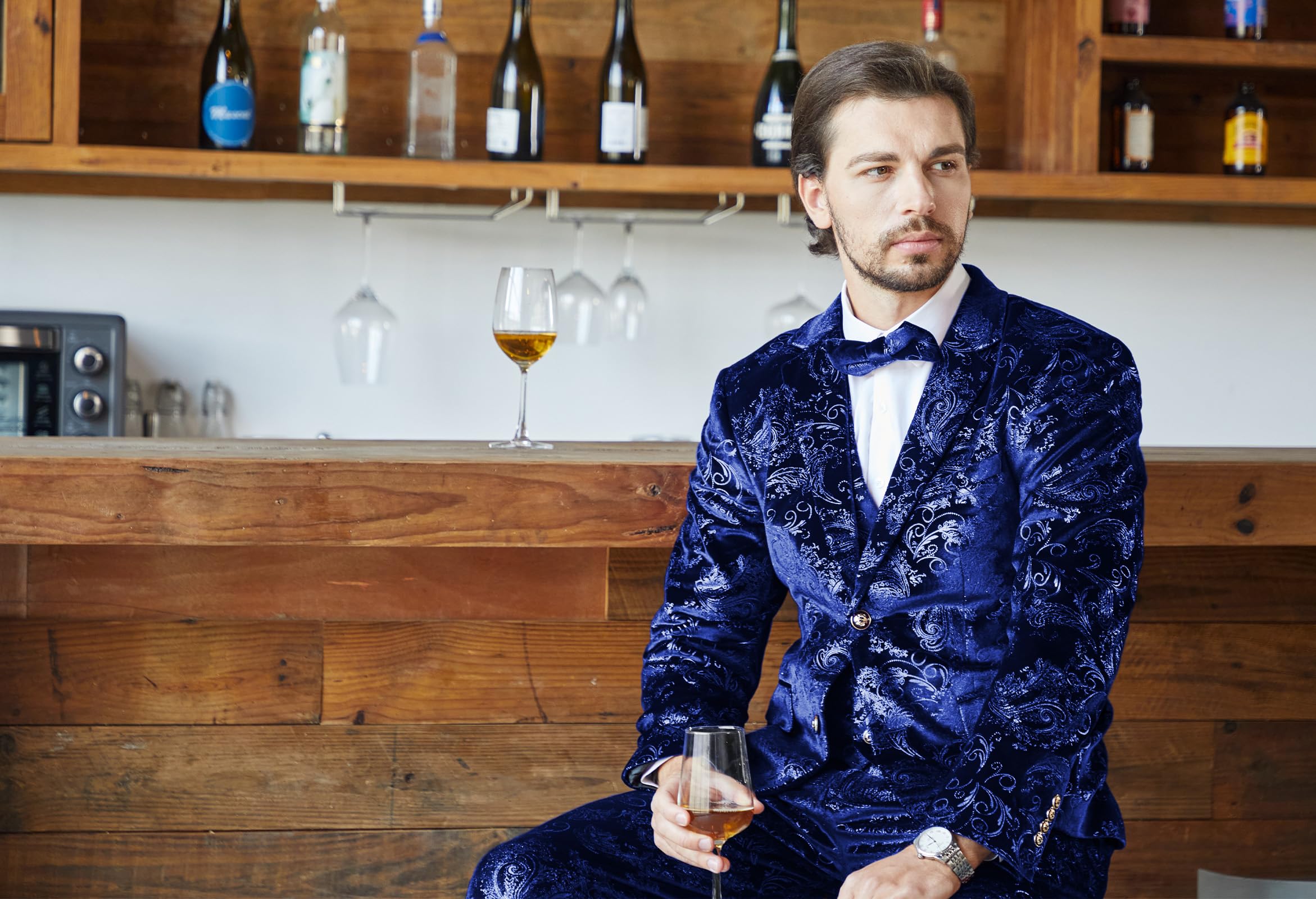 Stylish MAGE MALE Men's Floral Tuxedo Suit Set - Slim Fit 3-Piece Prom Party Blazer with Vest, Pants & Bow Tie | Perfect for Weddings, Formal Events & Special Occasions