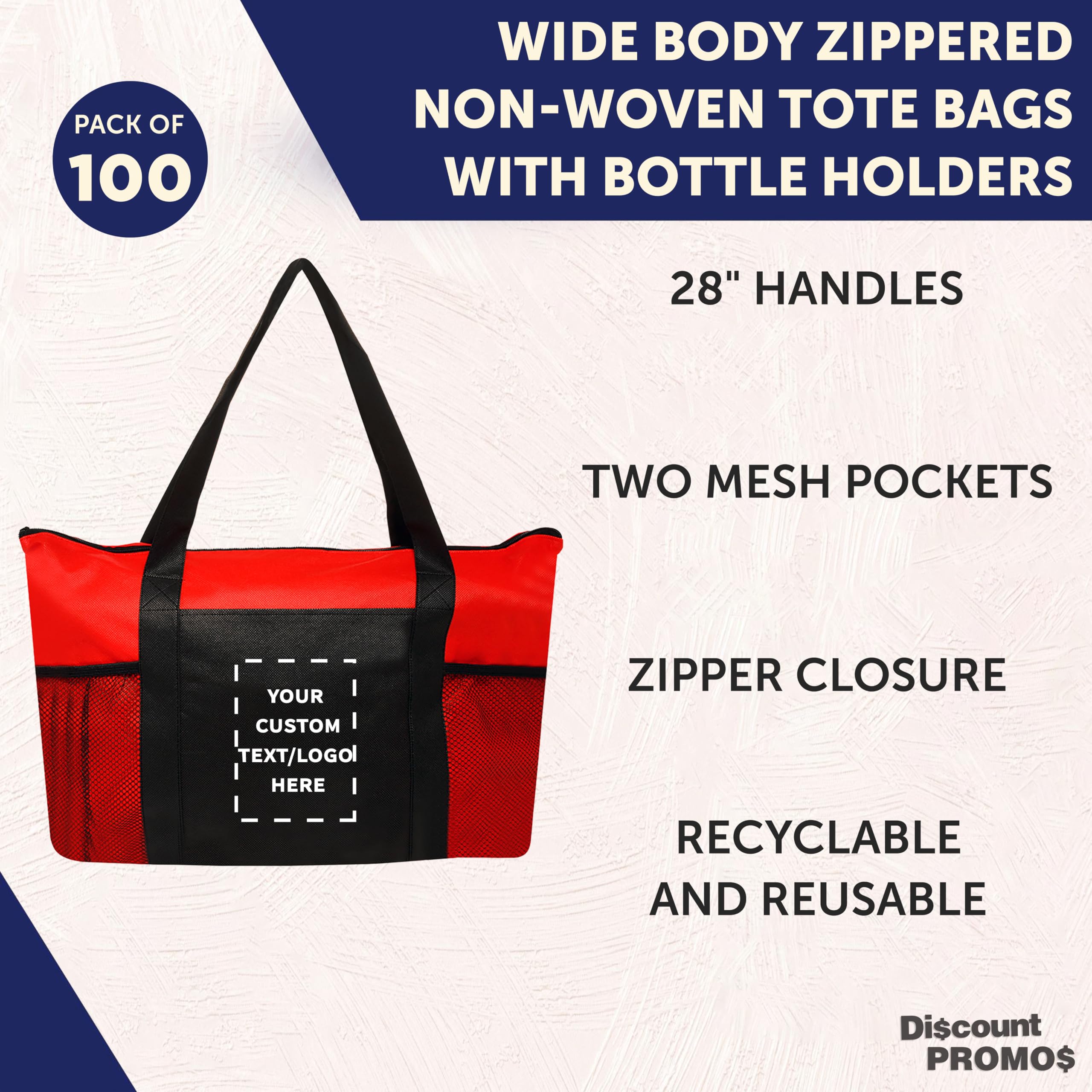 100 Pack Customizable Zippered Non-Woven Tote Bags with Mesh Pocket - Eco-Friendly Reusable Shopping Bags (19