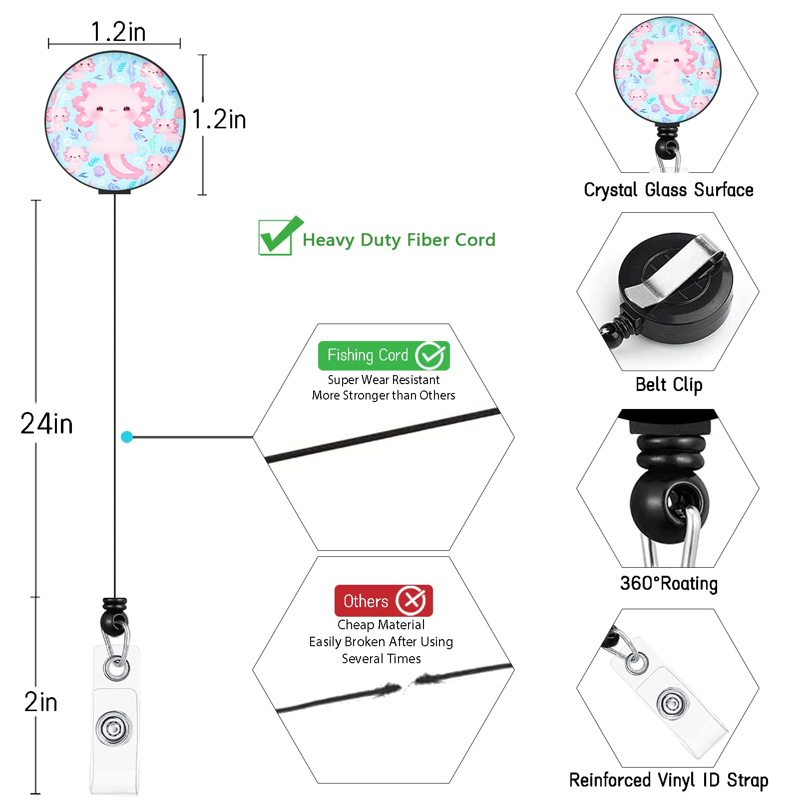 Axolotl ID Badge Holder with Breakaway Lanyard - Cute Retractable Badge Reel for Teachers, Nurses & Office Use