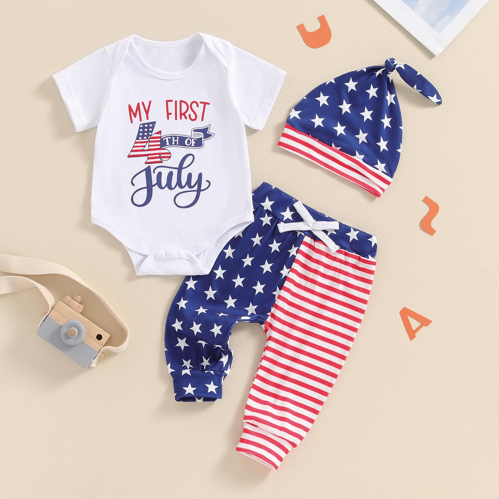 Adorable 4th of July Baby Boy Outfit - Stars & Stripes Romper with Pants - 1st Independence Day Newborn Clothes | Perfect for Family BBQs, Fireworks & Patriotic Photo Shoots